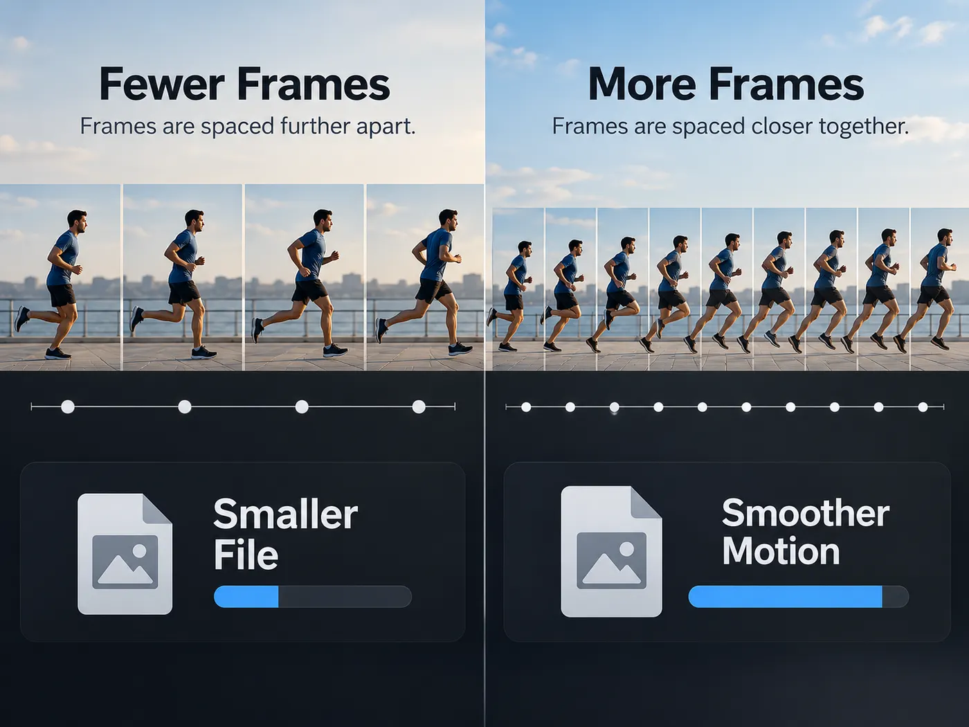A compact comparison graphic with two motion timelines, one using fewer frames and one using more frames, paired with a small file-size versus smoothness explanation.