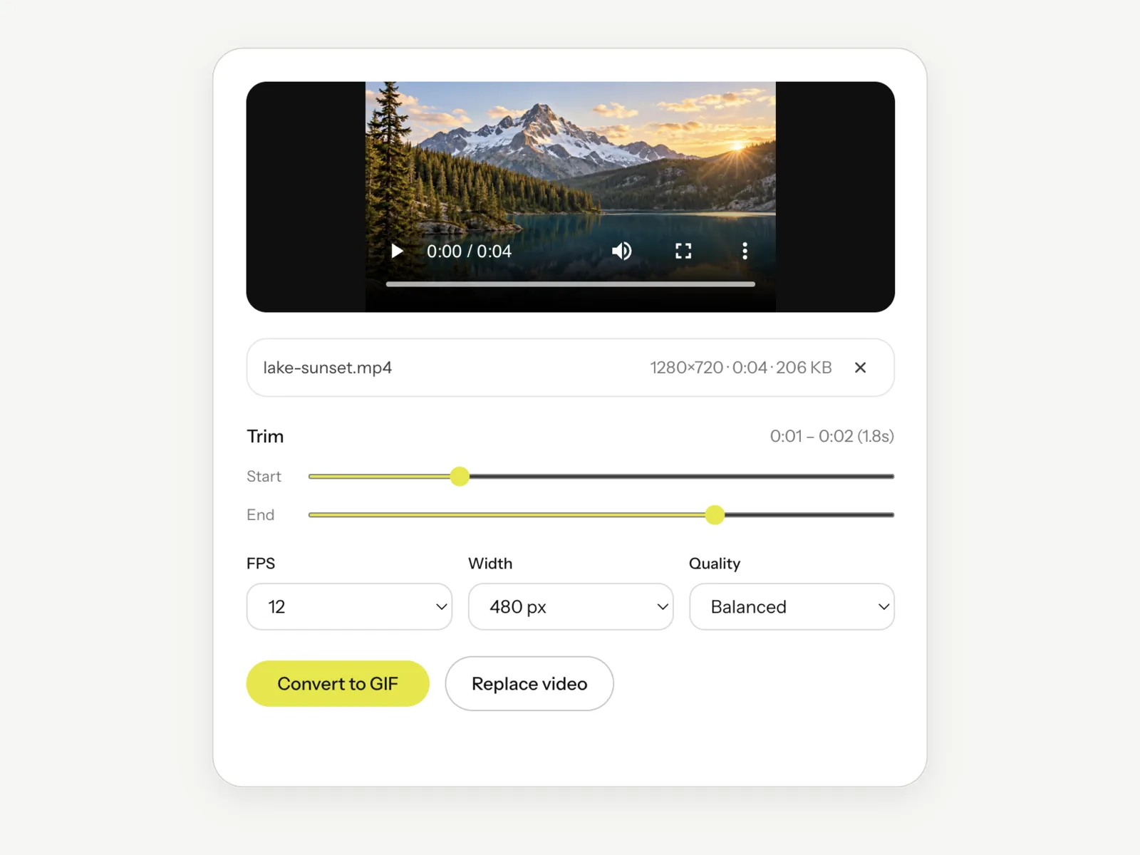 The Video to GIF tool with the trim sliders narrowed to a short section of the clip, so only the key moment is converted.