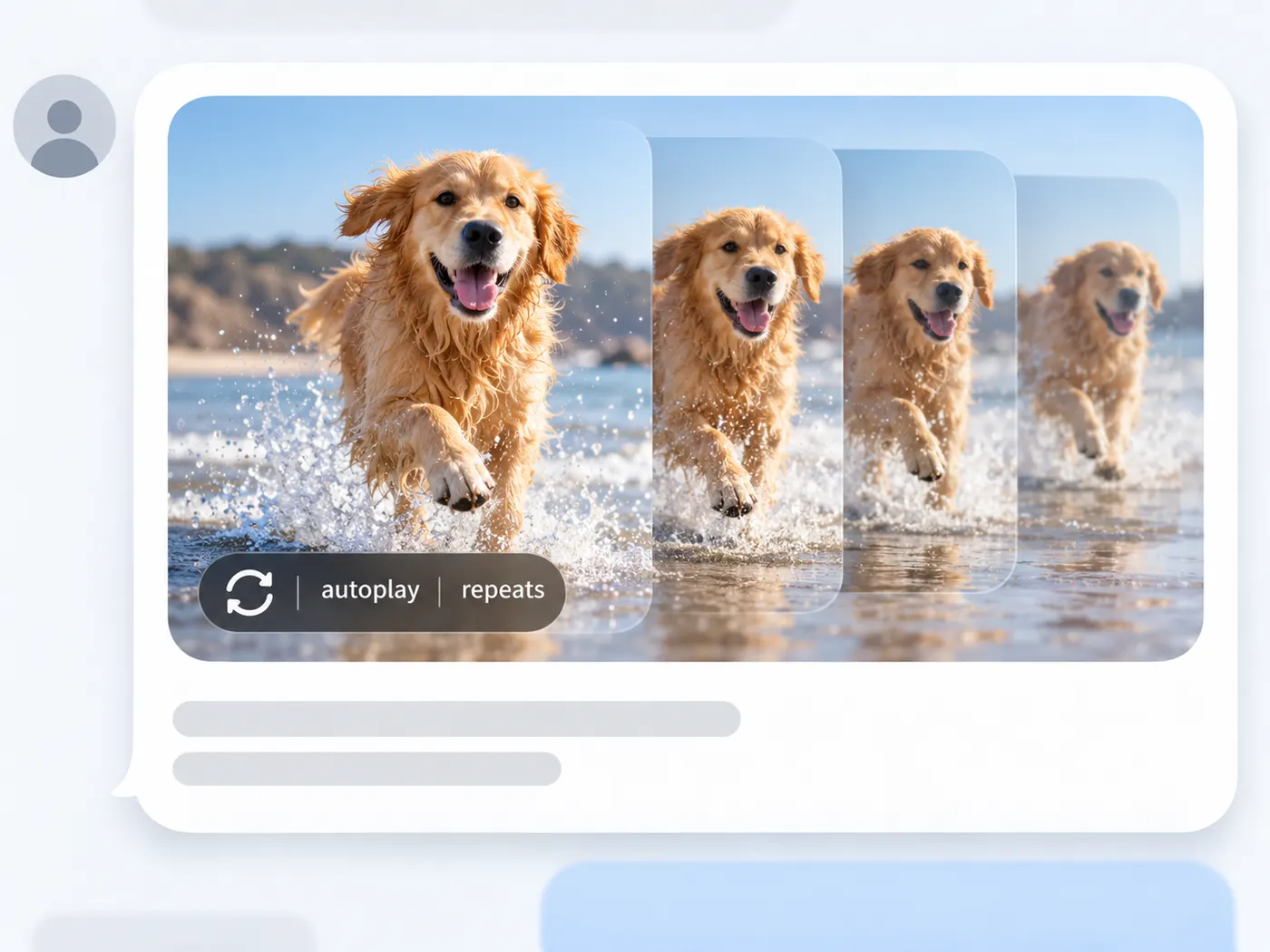 A GIF preview card with a circular loop indicator and autoplay motion cues, embedded directly in a chat-style message without a play button.