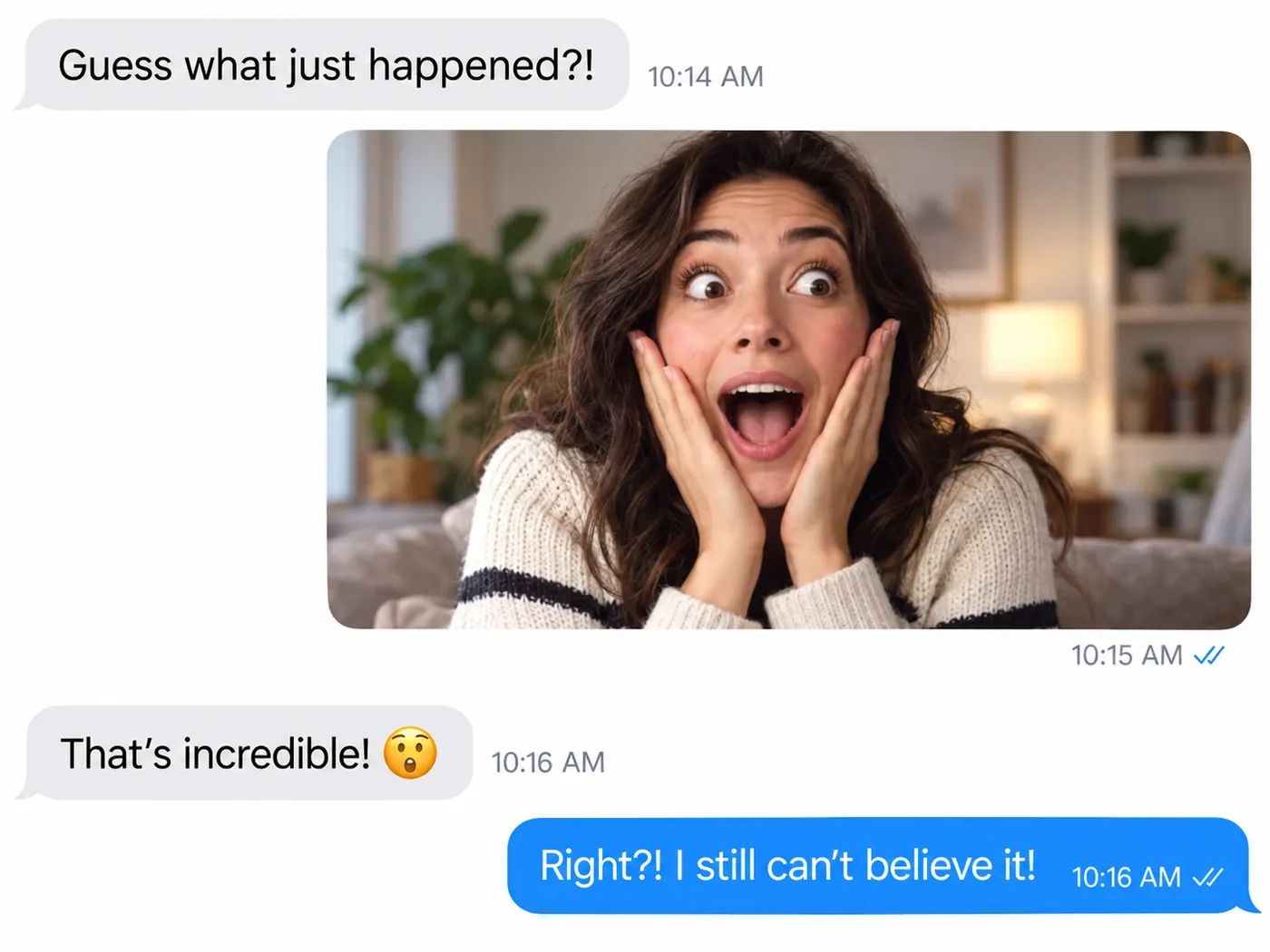 A playful chat conversation containing a looping reaction GIF of a person making an exaggerated surprised expression.