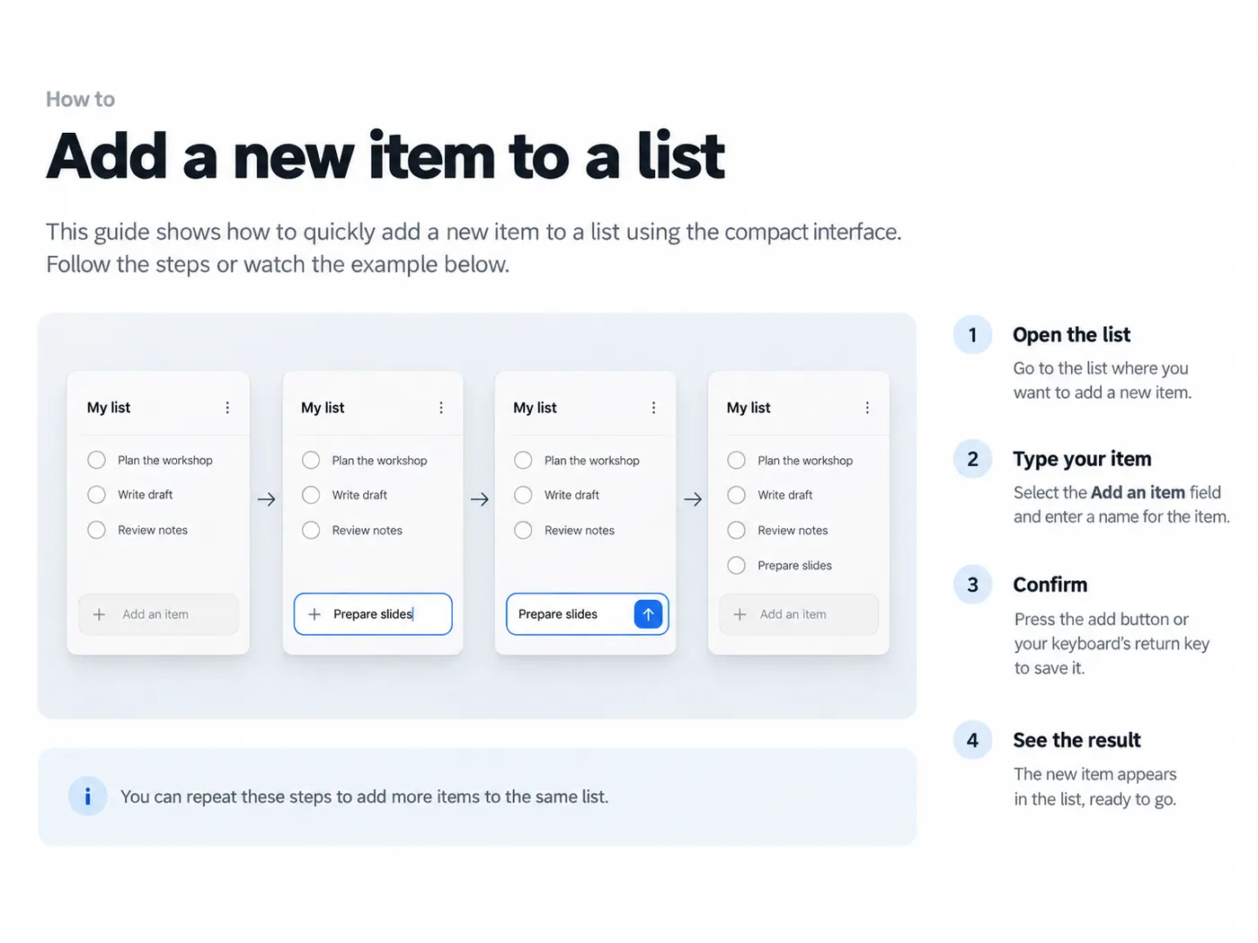 A product documentation page with an inline looping GIF demonstrating a compact app interface interaction, without a video player.