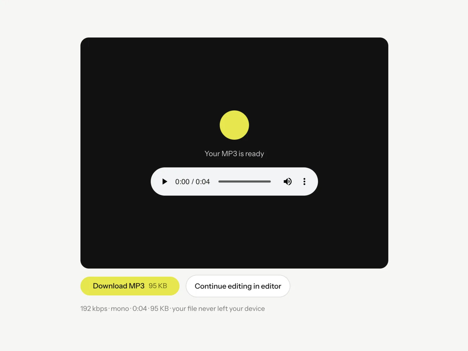 The Video to MP3 result panel showing an audio player labelled Your MP3 is ready, a Download MP3 button and a note that the file never left the device.