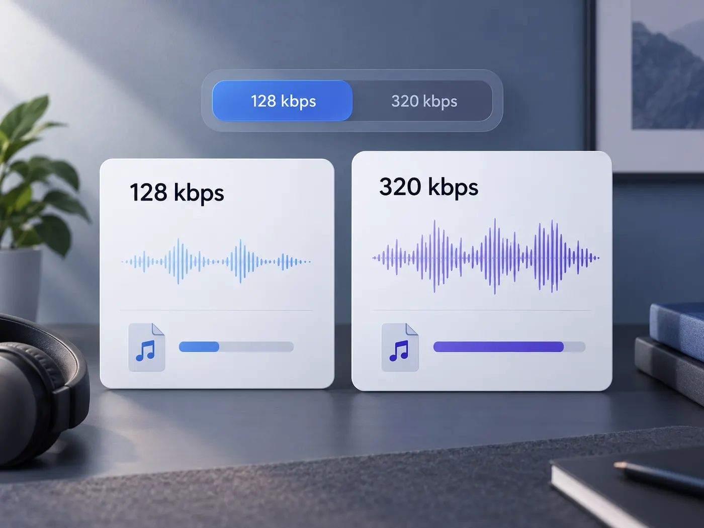 A clean bitrate selector illustration comparing 128 kbps and 320 kbps beside two MP3 result cards, with the smaller file contrasted against the higher-detail option.