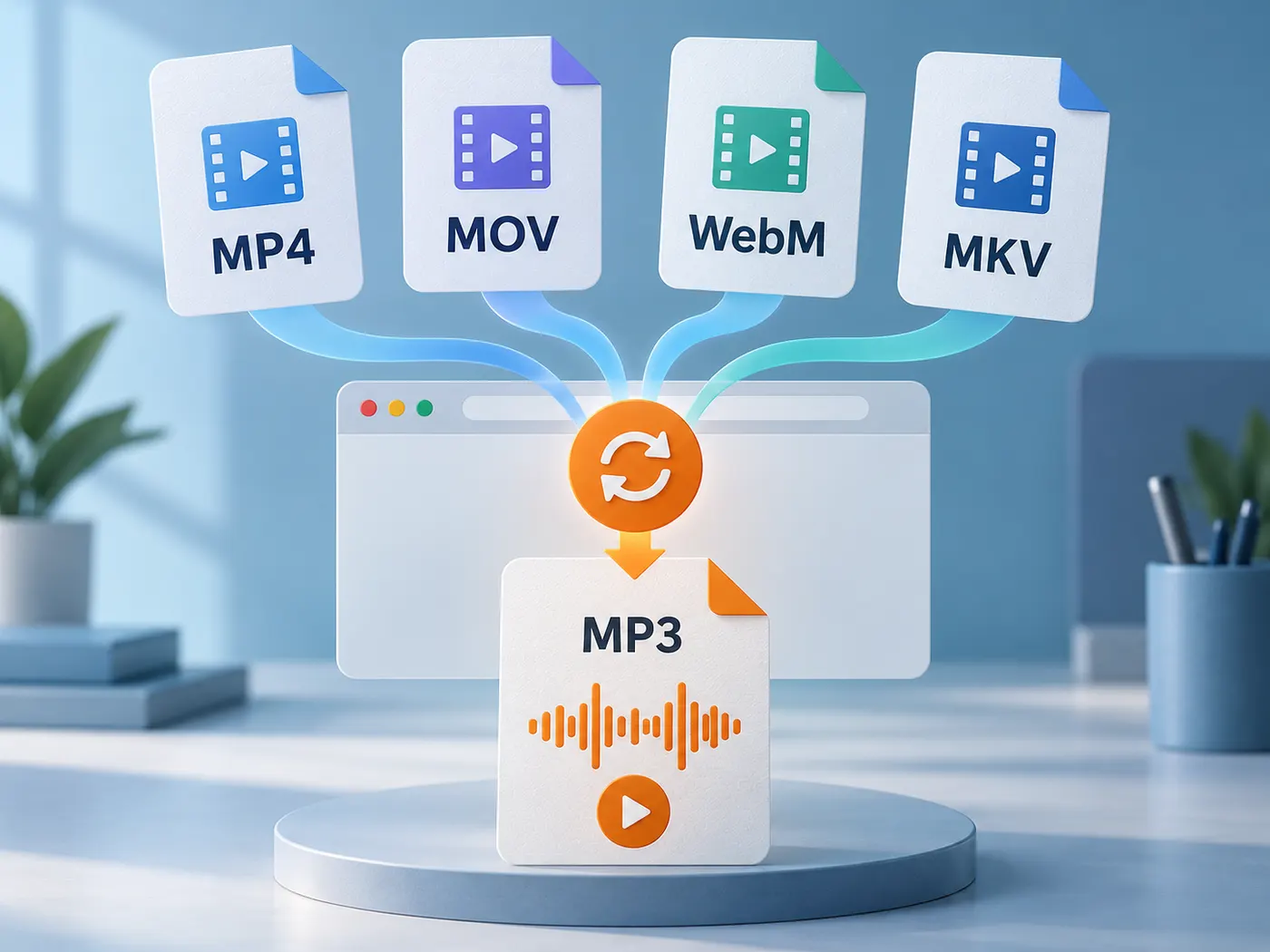 Four distinct file cards labeled MP4, MOV, WebM, and MKV converging into one clearly labeled MP3 file with a waveform.