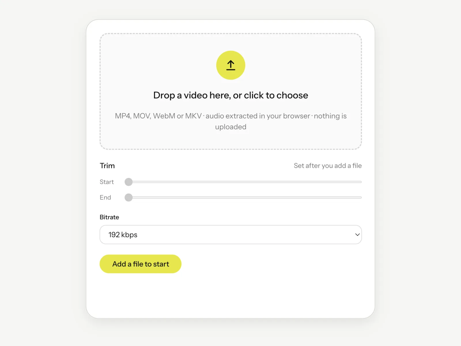 The Video to MP3 tool before a file is added: a dashed drop area for an MP4, MOV, WebM or MKV, the trim sliders and the bitrate menu set to 192 kbps.