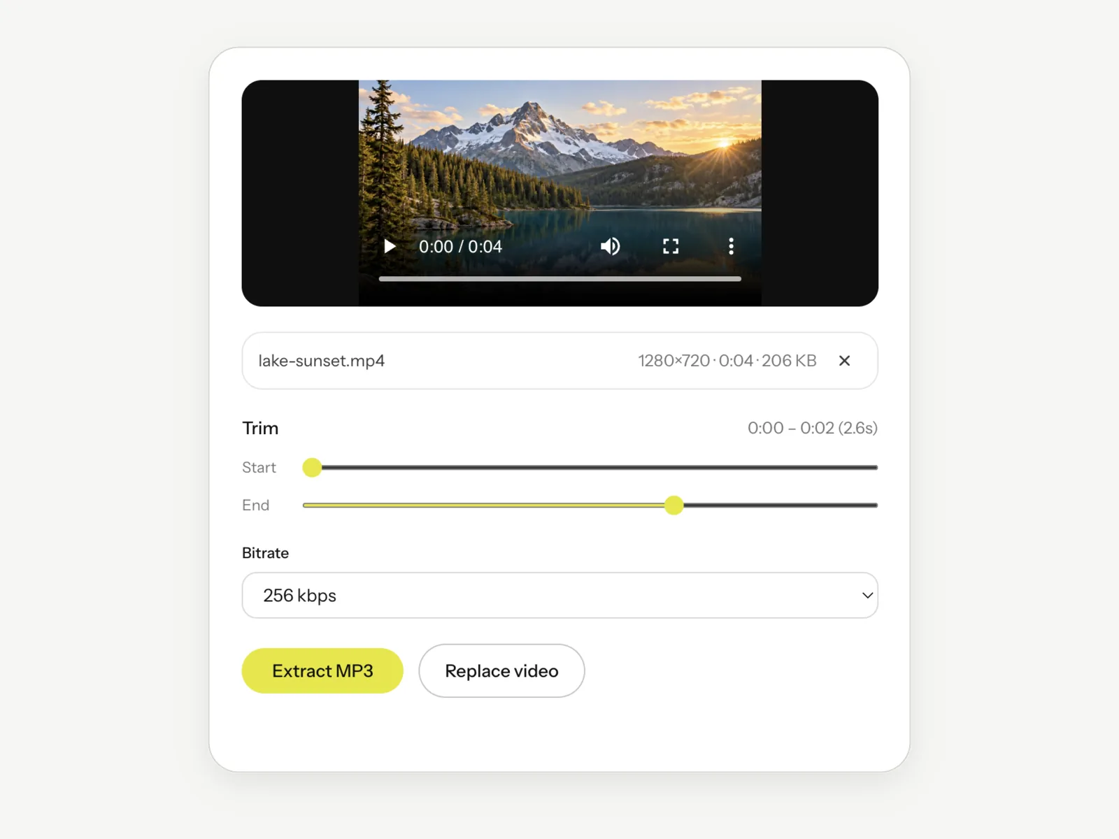 The Video to MP3 tool with a clip loaded, the trim end handle pulled in and the bitrate menu set to 256 kbps, above the Extract MP3 button.