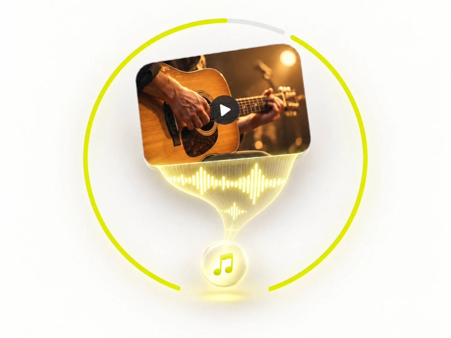 The guitar-performance clip with its audio waveform separating downward into a music-note token, a circular progress ring around it