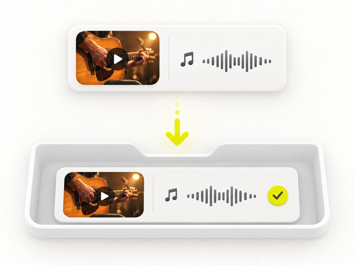 A finished audio file with a music note and waveform, a download arrow saving it into a tray with a check mark