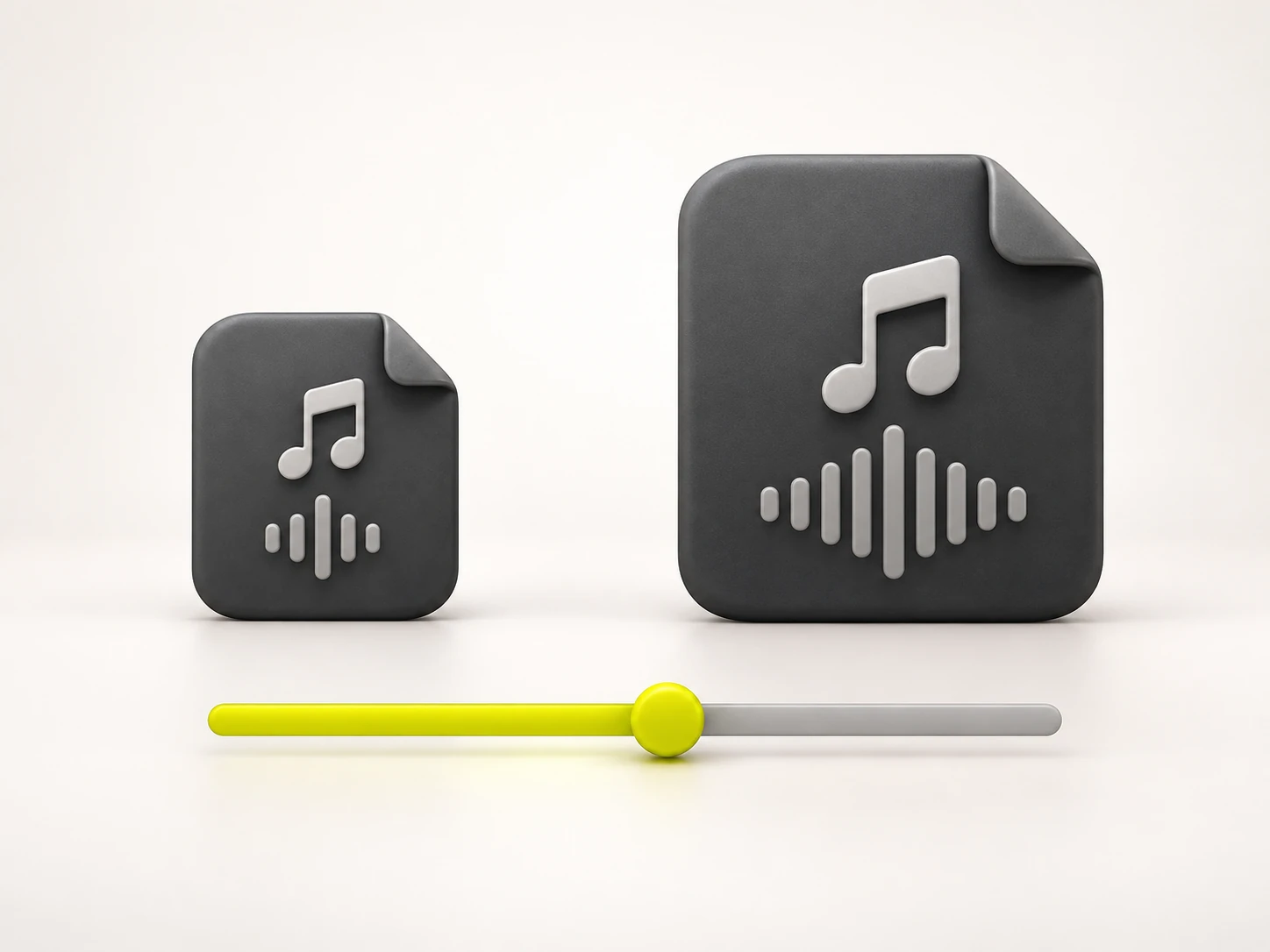 Diagram: a small and a large music-note audio file with a bitrate slider between them