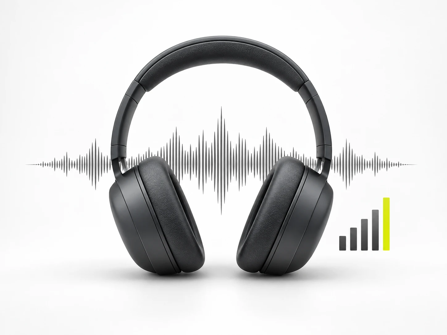 Diagram: over-ear headphones over a crisp audio waveform with equalizer bars showing clear sound