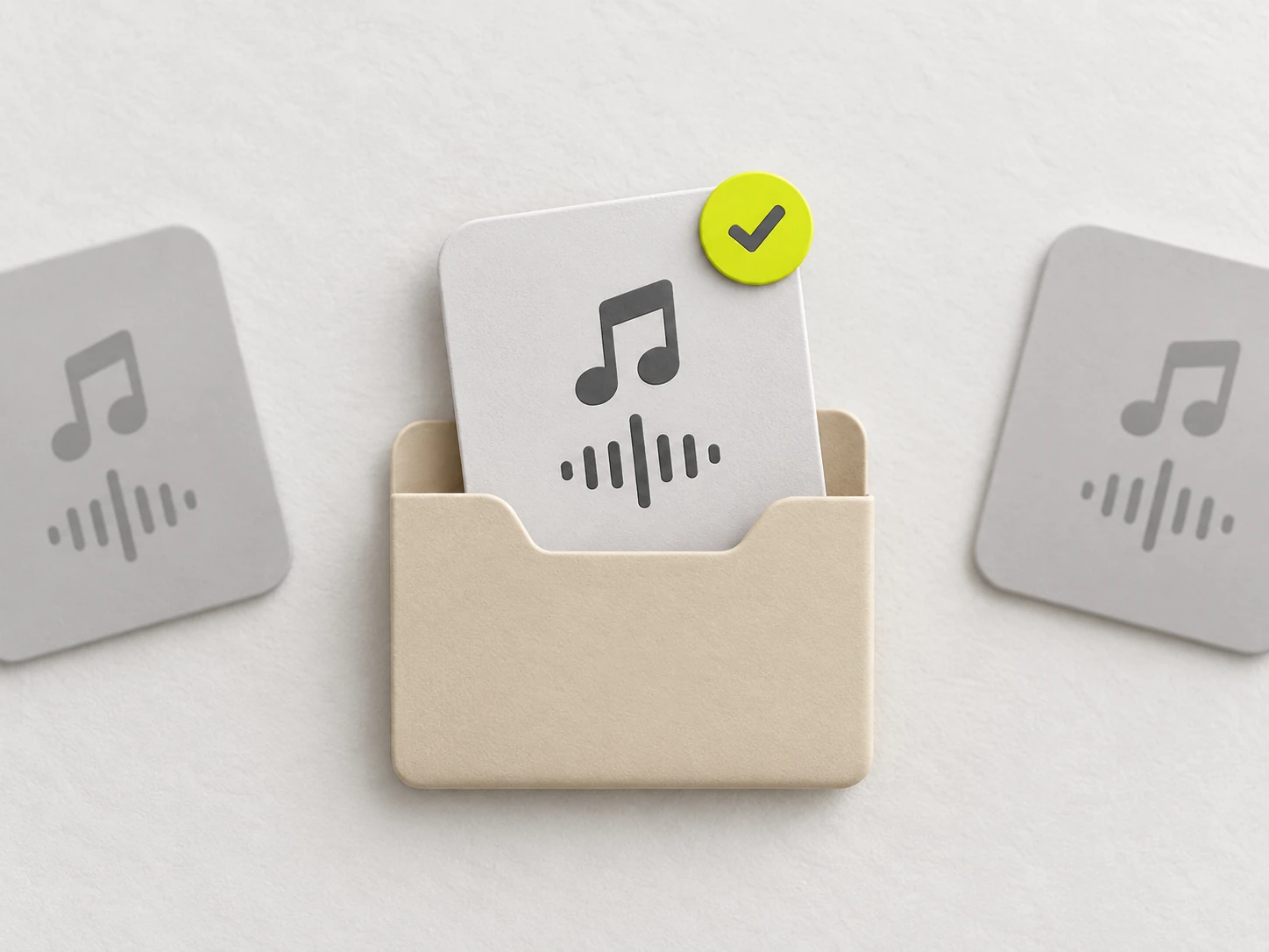 Diagram: a finished music-note audio file filed into a folder with a check mark