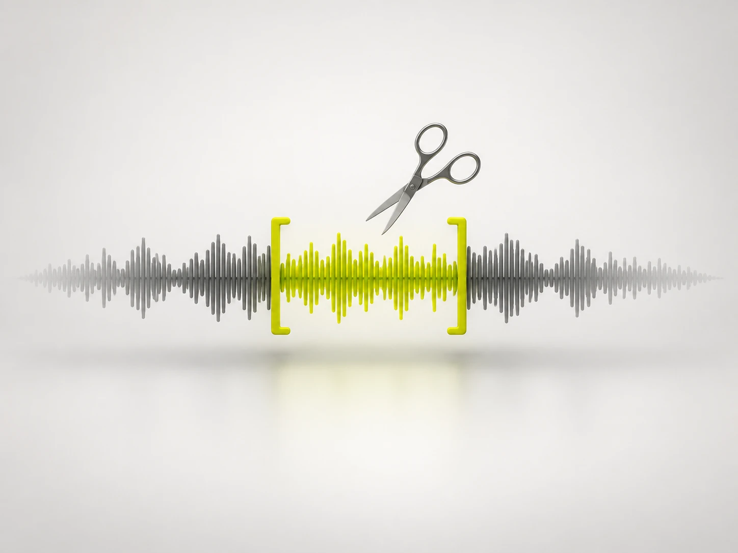 Diagram: a long audio waveform with a short highlighted segment kept between trim brackets and scissors cutting the rest