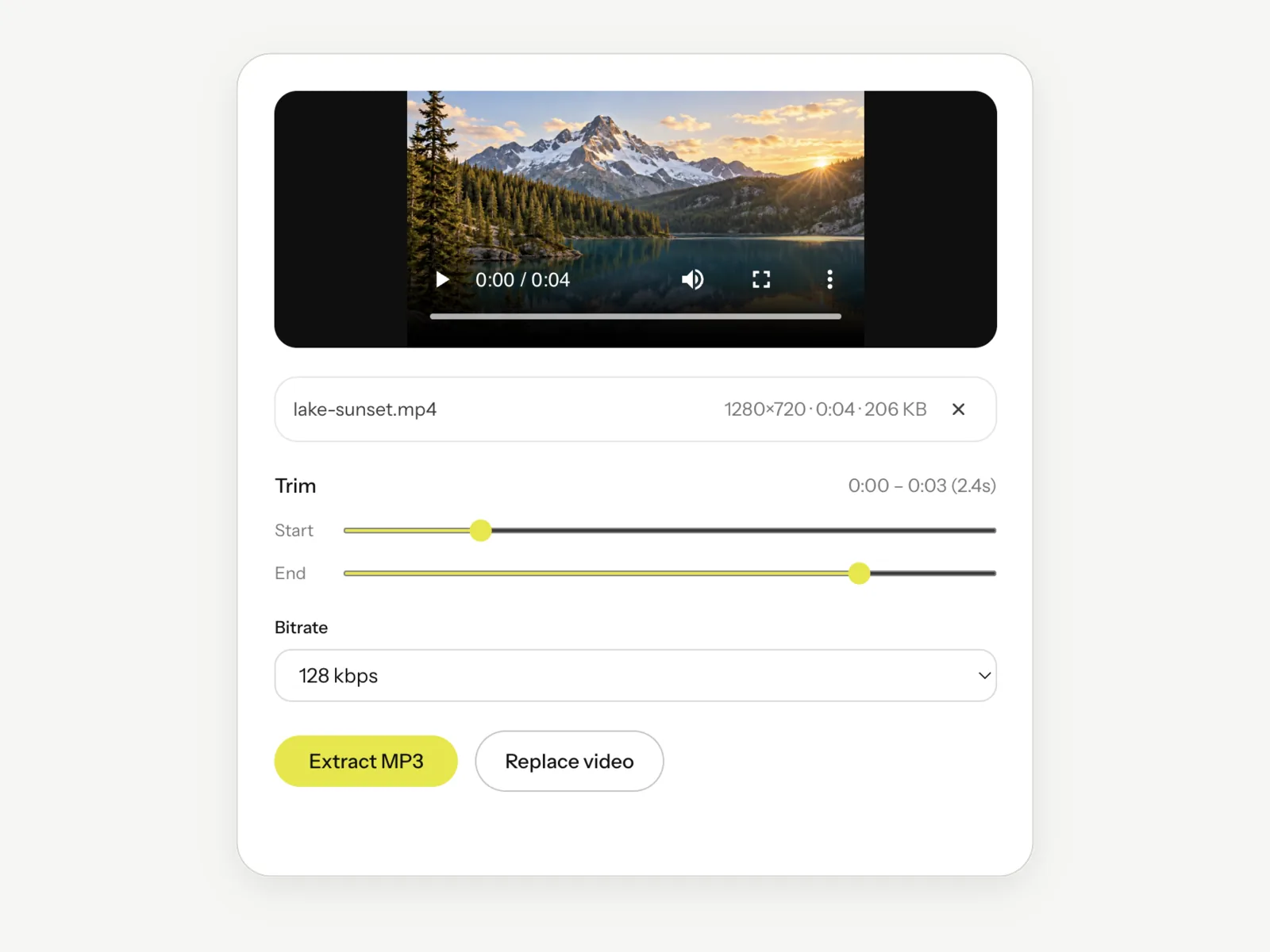 The Video to MP3 tool with a recorded clip loaded, a middle section picked with the trim sliders and the bitrate set to 128 kbps for a smaller audio file.