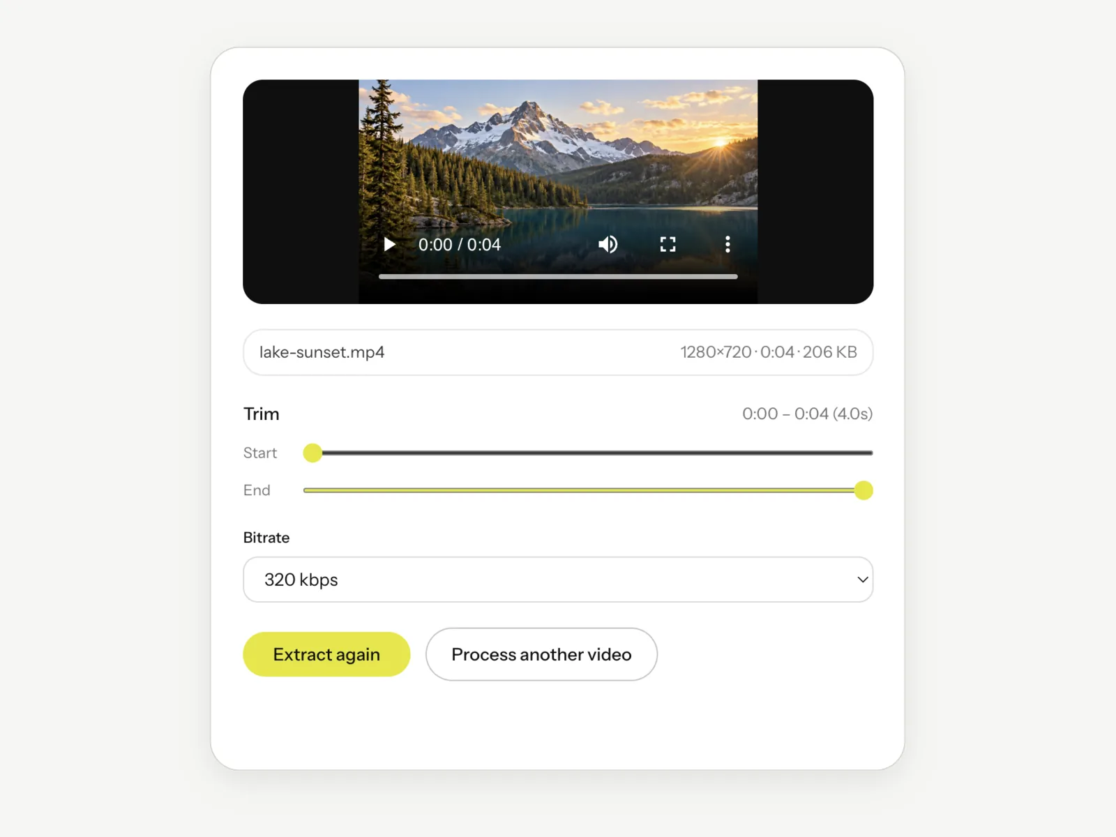 The Video to MP3 tool after an extraction, showing the loaded clip, the full trim range, a 320 kbps bitrate and the Extract again button.