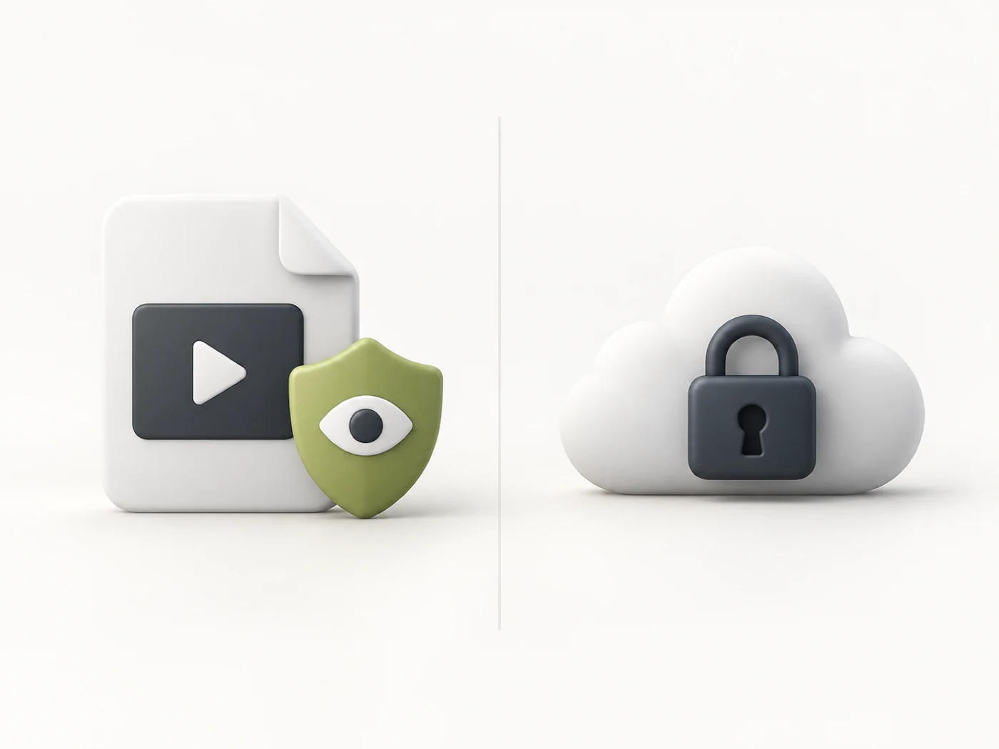 Soft-3D illustration: a video file with an eye-preview and a shield on the local side, a separate cloud with a padlock for the run step