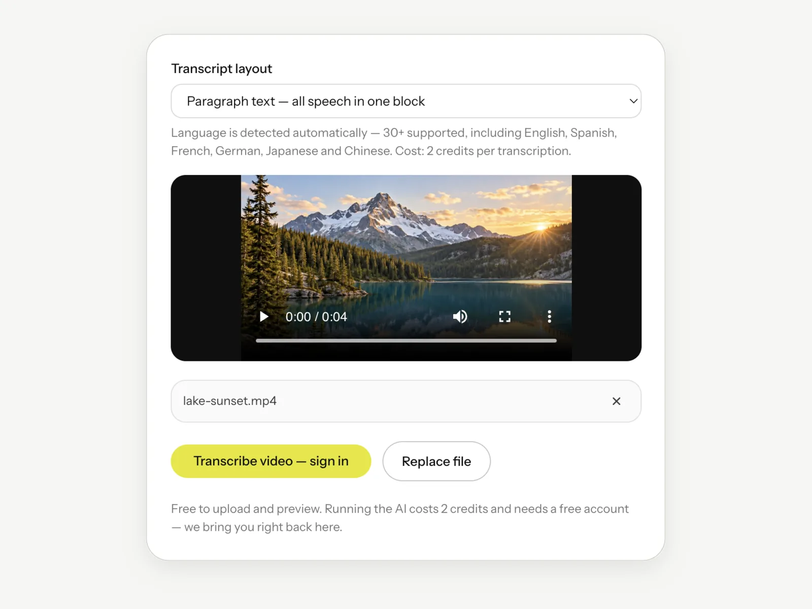 The Video Transcription tool with a video loaded and previewed in the browser, with the transcript layout menu above the Transcribe video button.