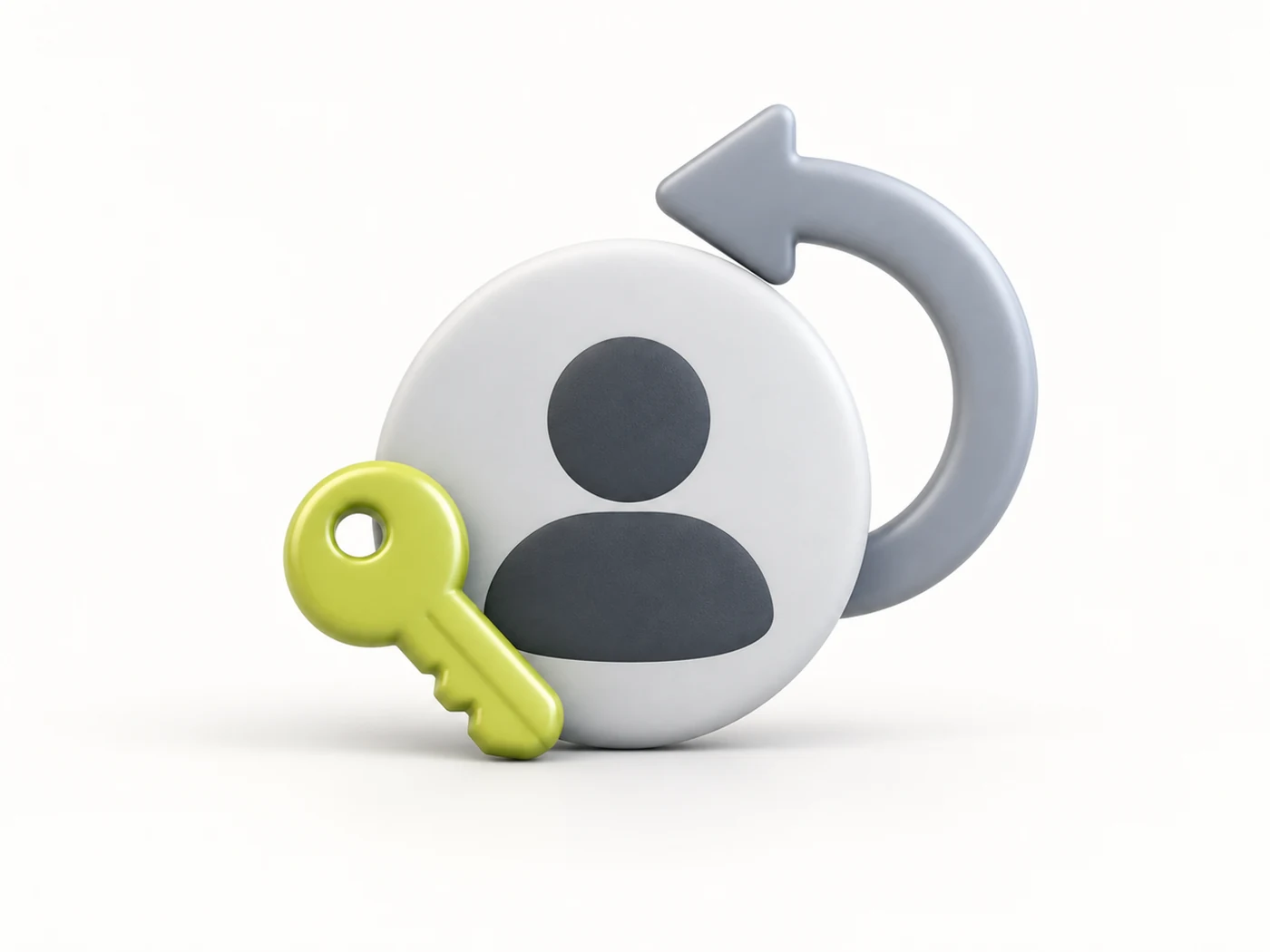 Soft-3D illustration: an avatar disc with a key resting against it and a curved return arrow looping behind it