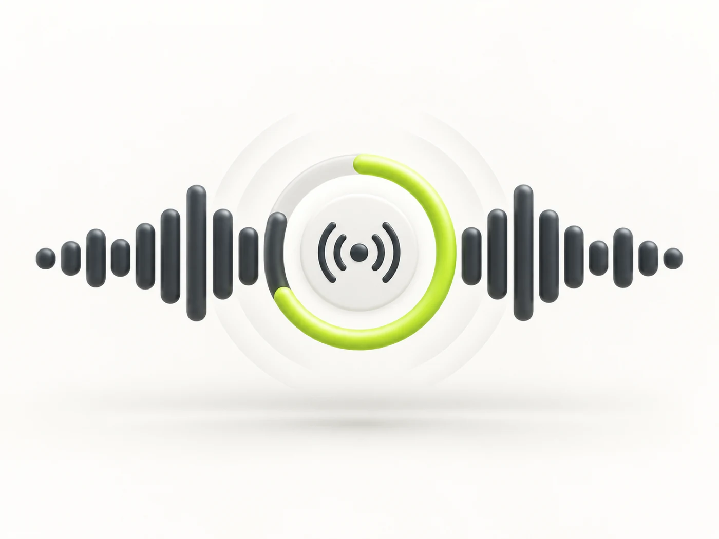 Soft-3D illustration: an audio waveform wrapped by a sweeping progress ring with concentric listening arcs