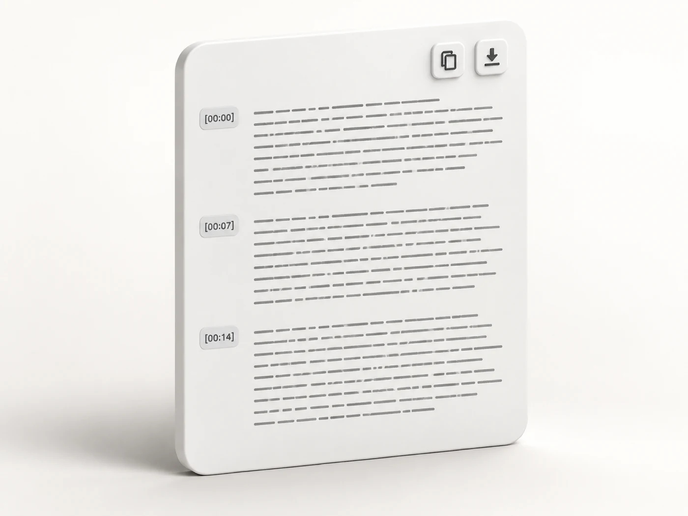 Soft-3D illustration: a finished transcript document with timestamp chips down the margin and copy and download icons