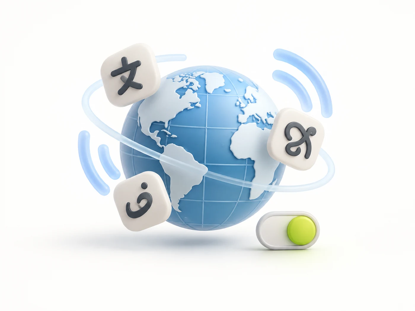 Soft-3D vignette: a globe with detection arcs and orbiting script glyphs beside an auto-detect toggle