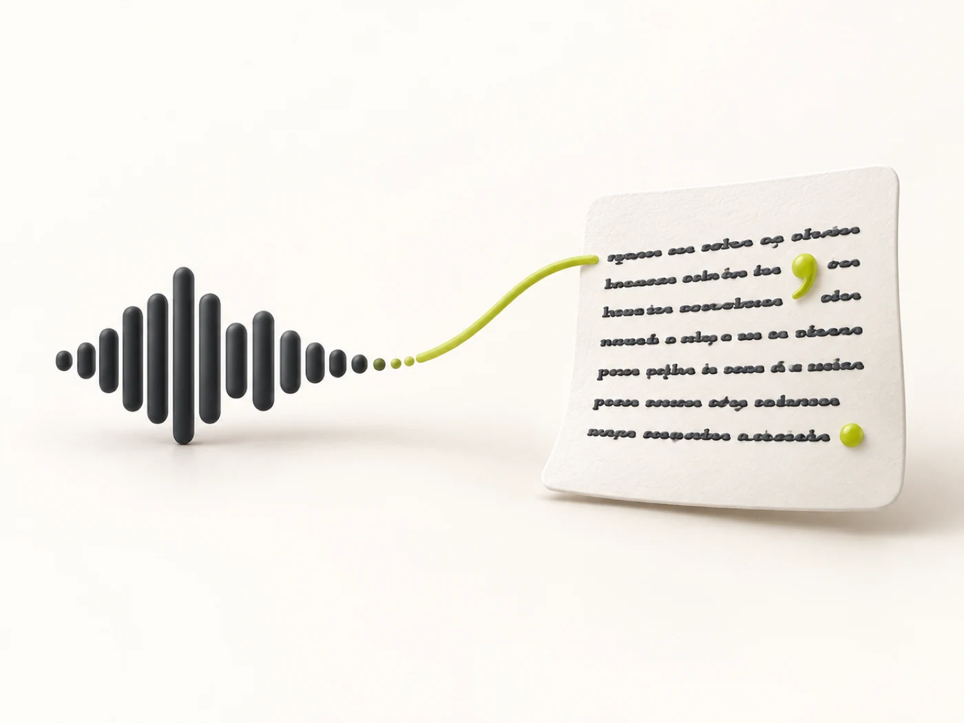Soft-3D vignette: a soundwave morphing into a block of punctuated text with an emphasized period and comma