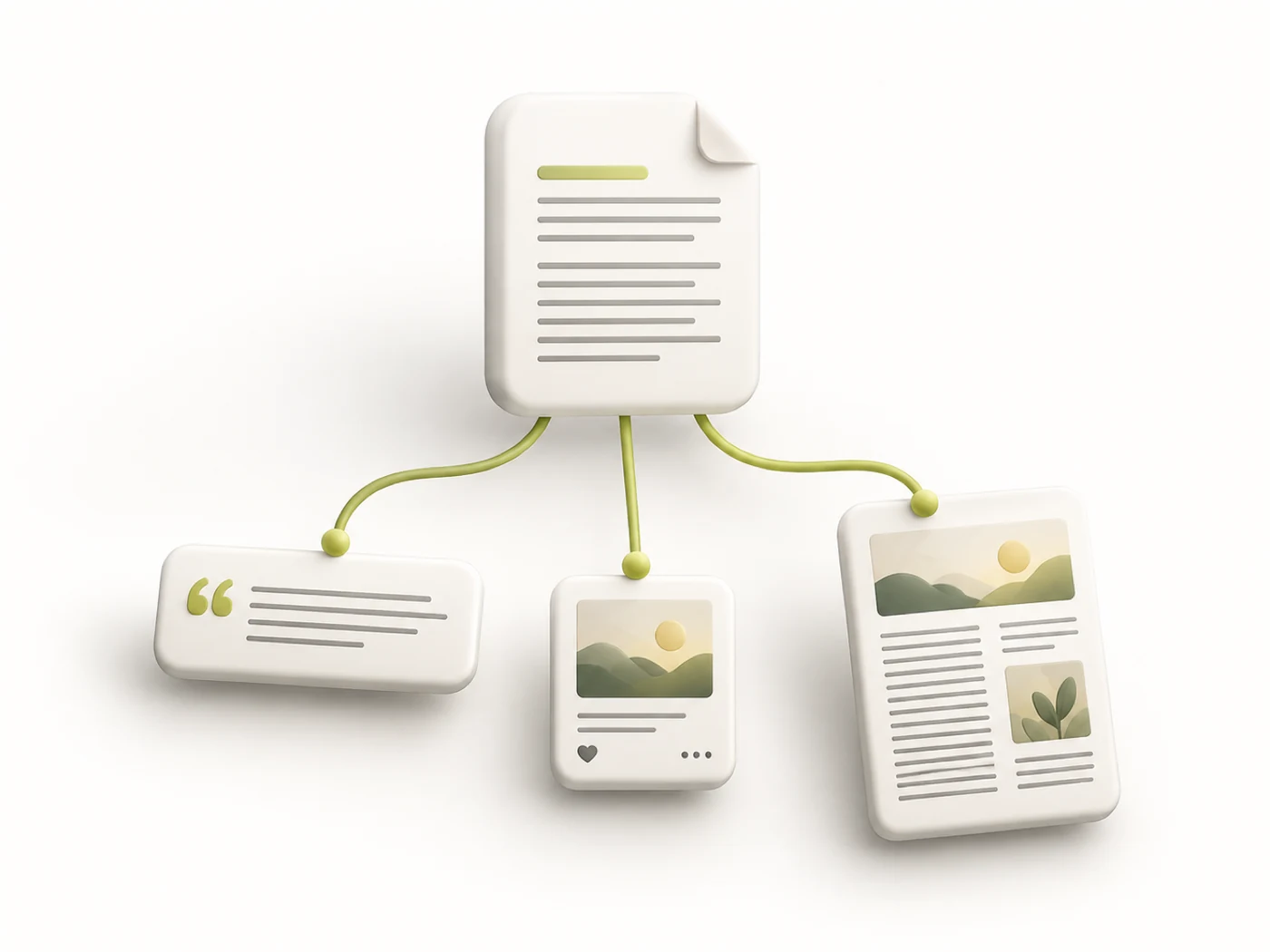 Soft-3D vignette: one document fanning out into a caption bar, a social tile and an article page