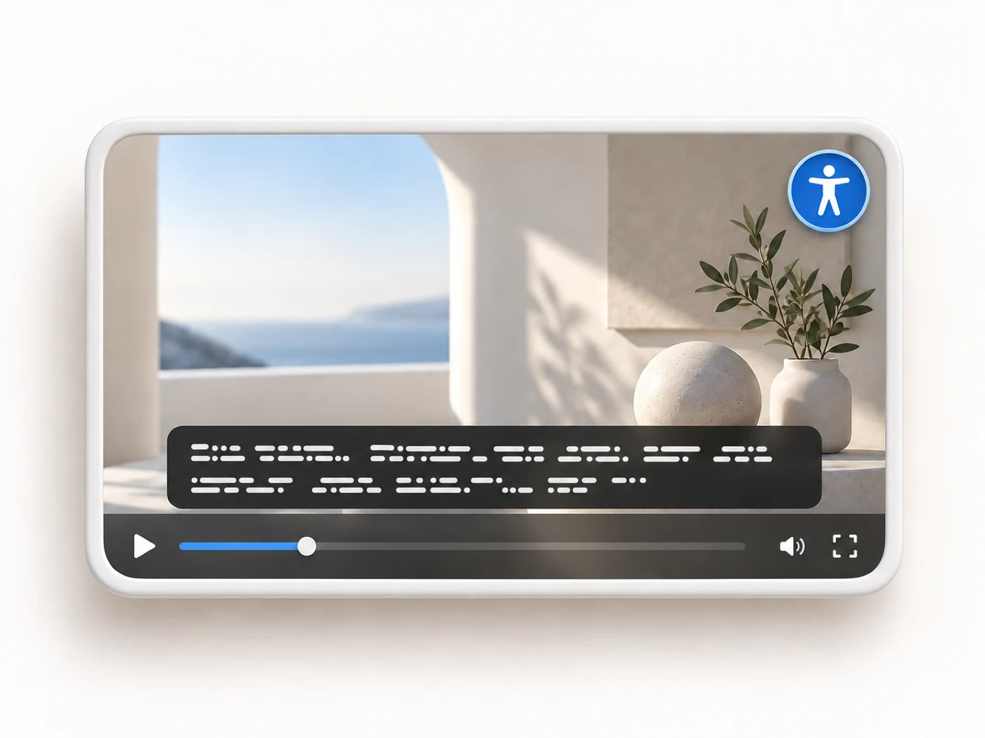 Soft-3D scene: a video frame with a caption bar across its lower third and an accessibility glyph