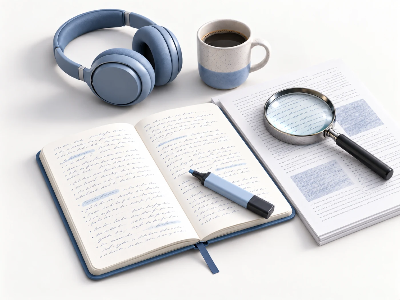 Soft-3D scene: an open notebook with a highlighter and a magnifying glass over text, headphones and a mug