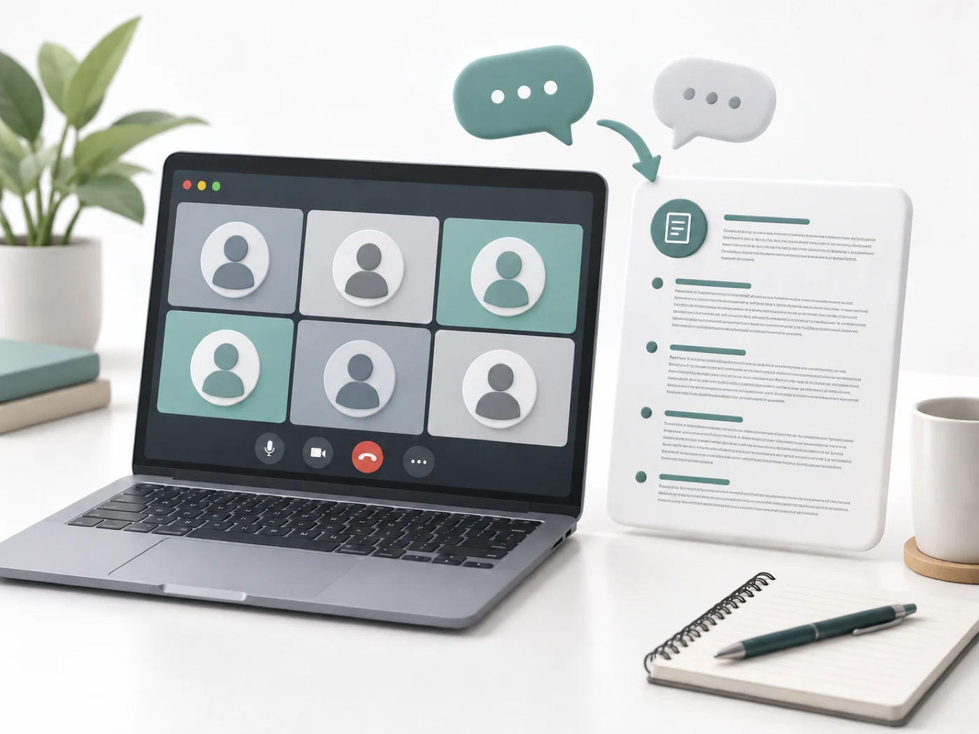 Soft-3D scene: a laptop showing a call grid of avatar tiles beside a document capturing notes, with speech bubbles above