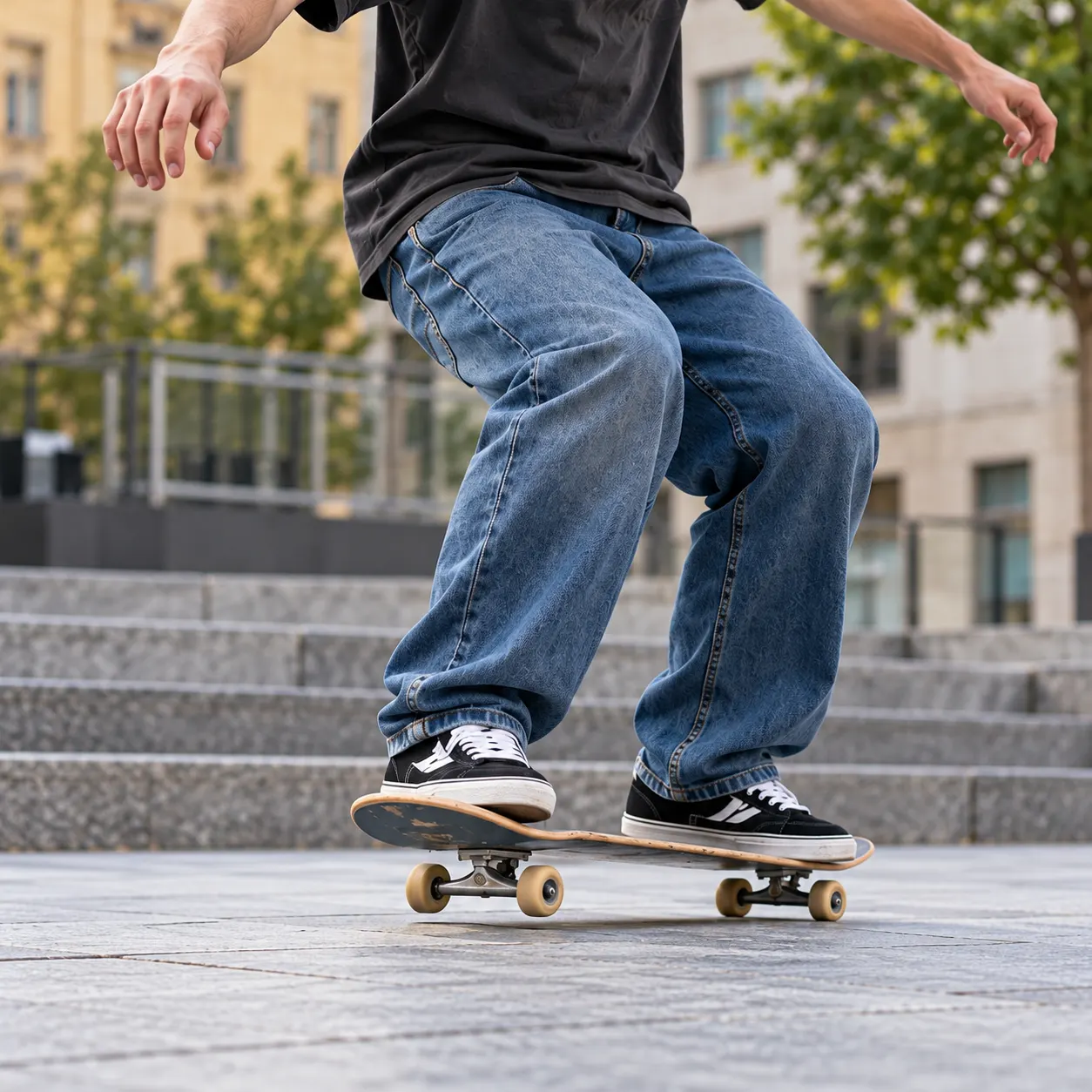 The rider landing the trick in the plaza, presented as a compact focused-video moment.