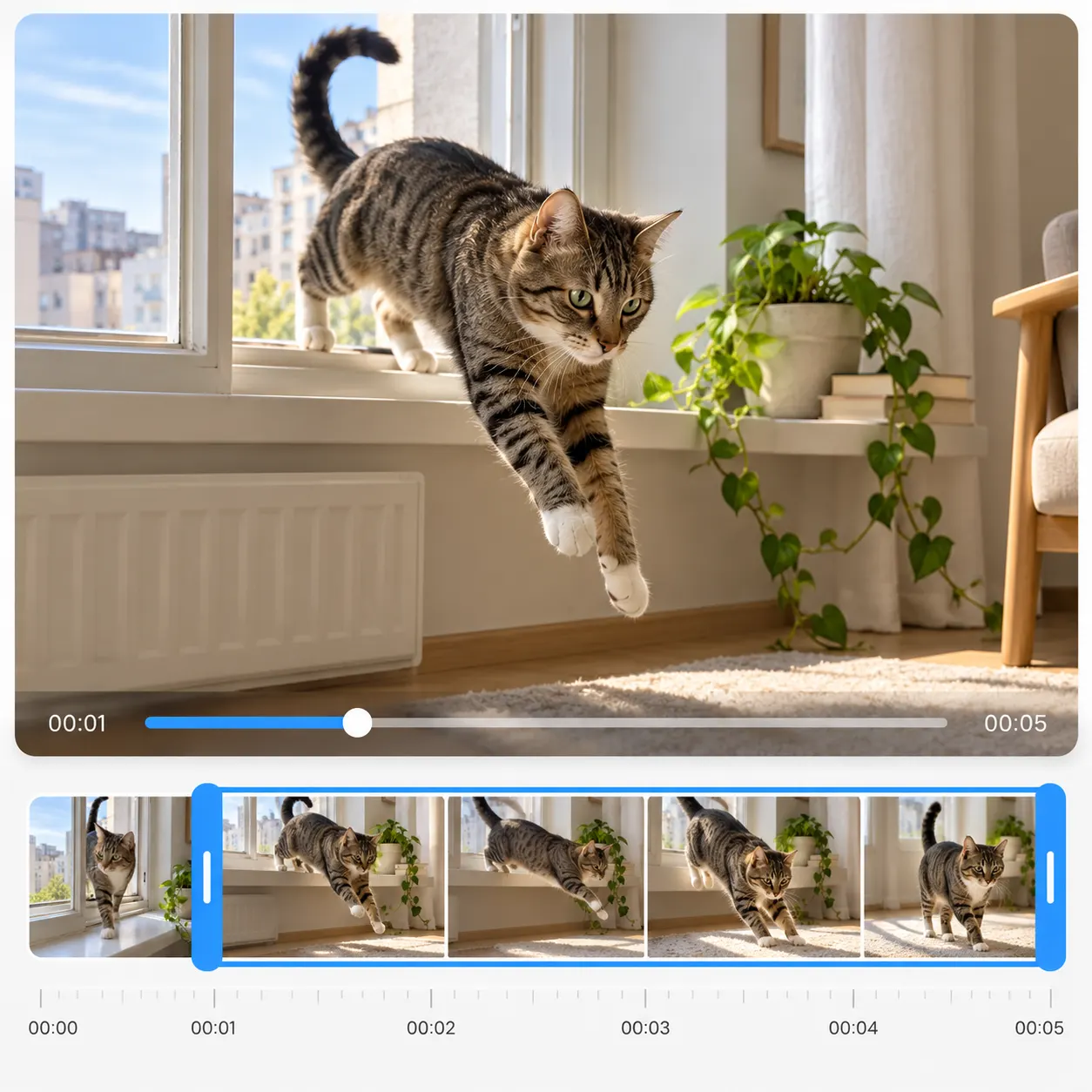 The cat arriving on the windowsill, presented as a clear still from a short compatible clip.