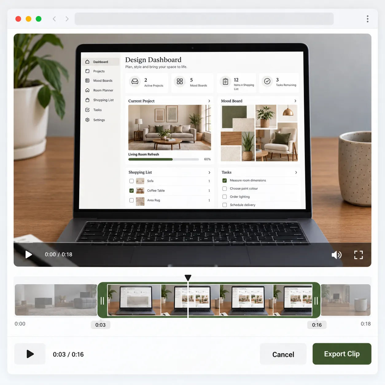 A clean still of the completed dashboard screen, paired visually with a precise short-video selection concept.