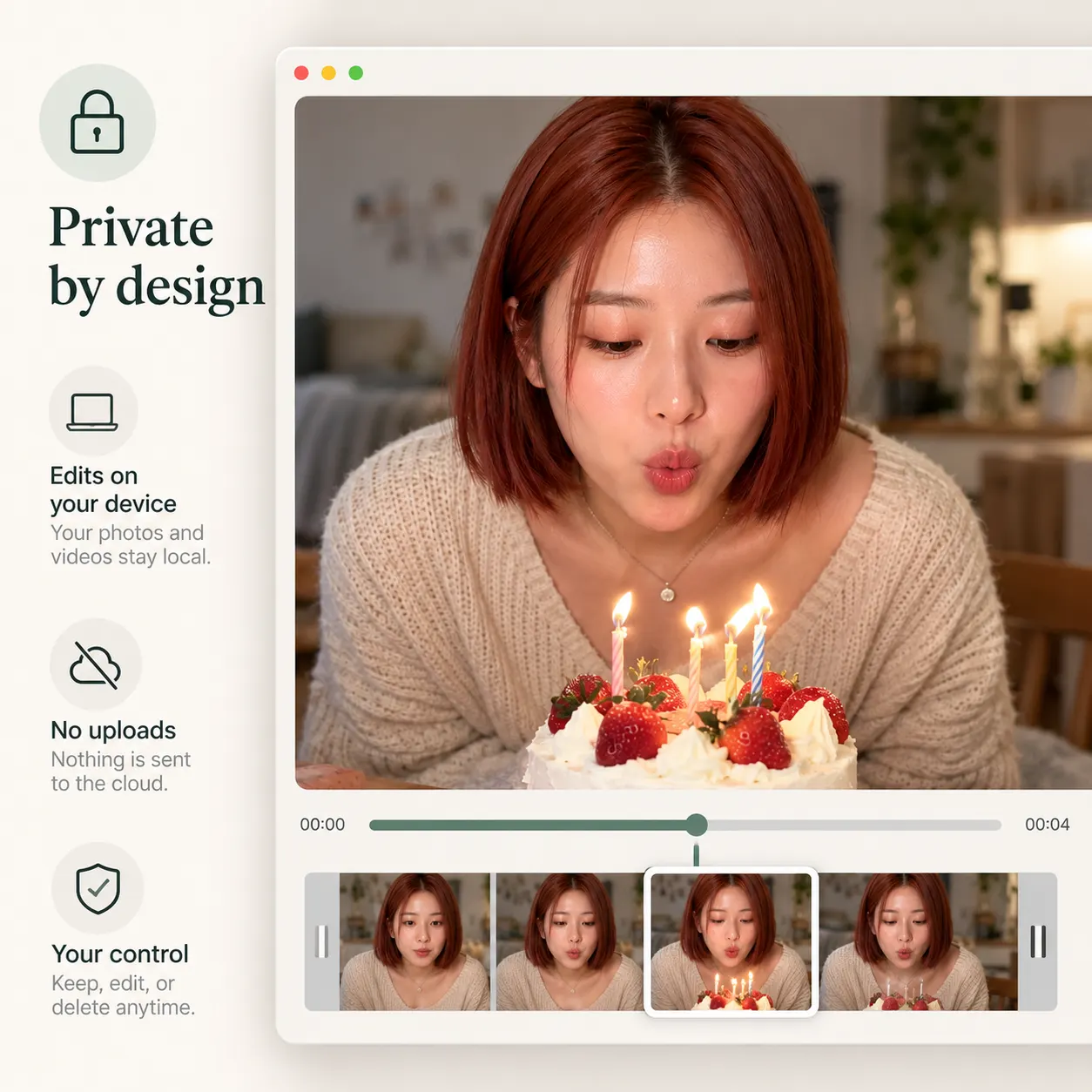 The candle-blowing moment at the birthday table, presented as a focused personal video frame.