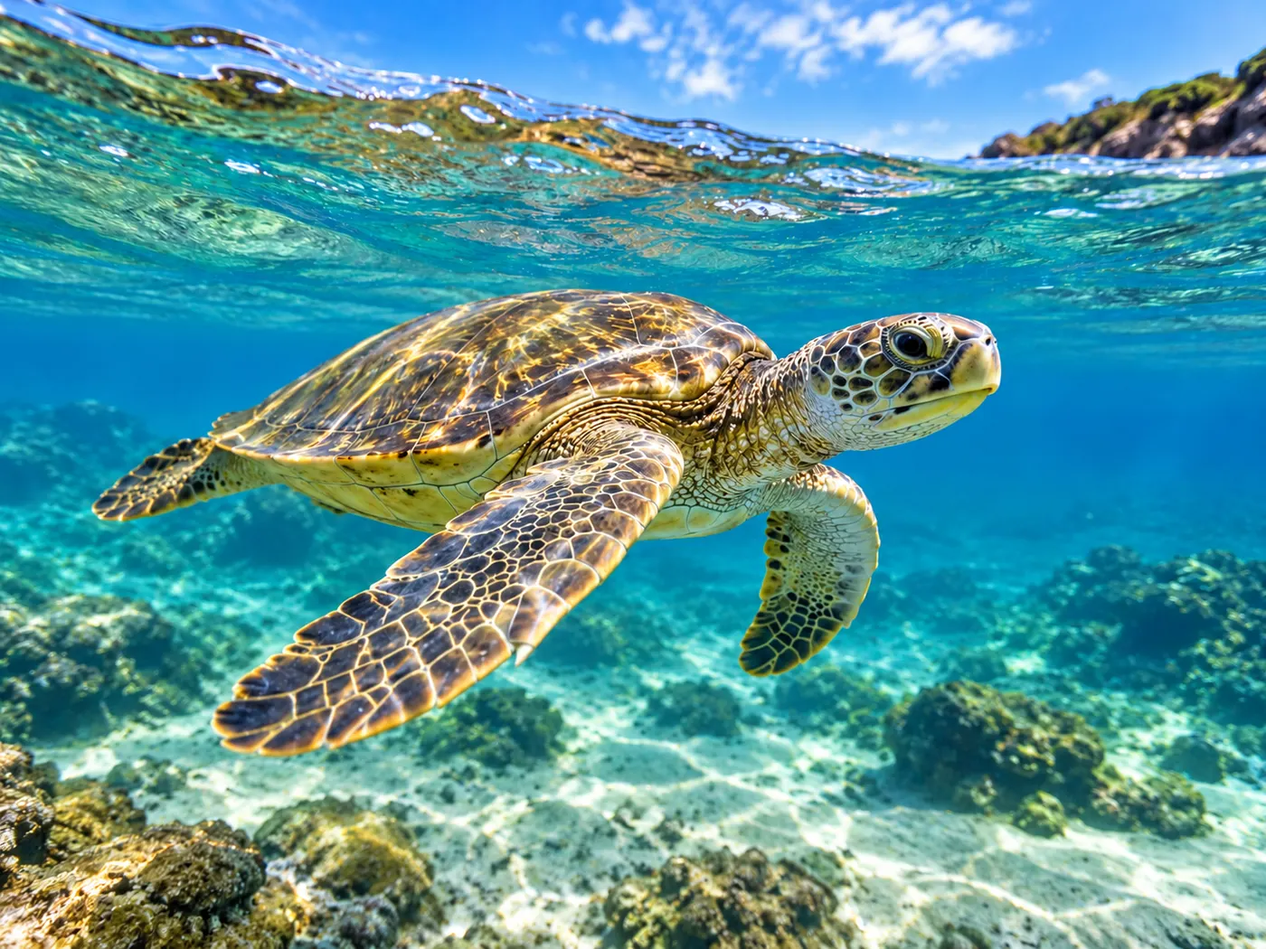 The sea turtle swimming through coastal water, shown as a natural still from a clean trimmed clip.