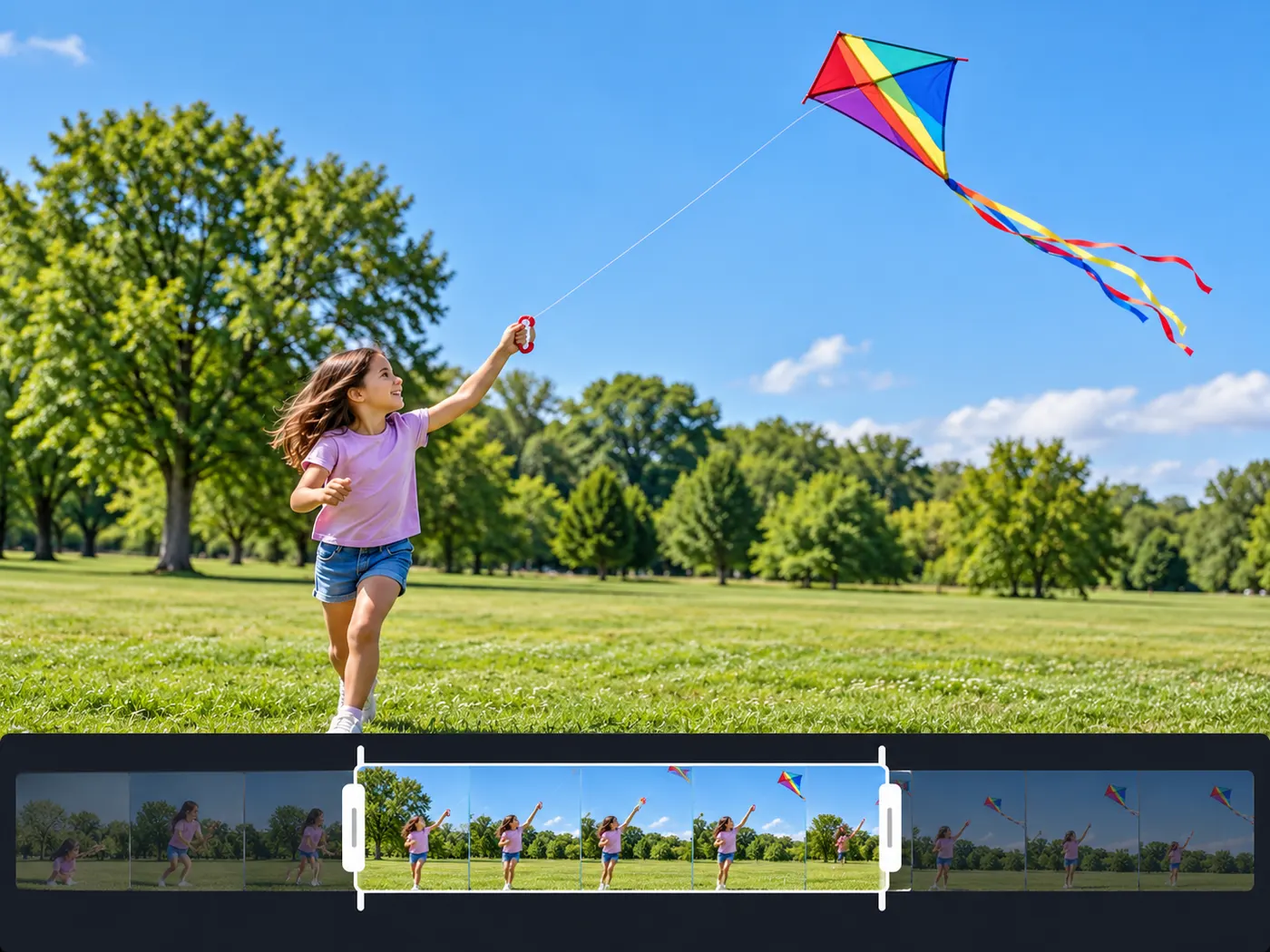 A focused still frame of the kite rising above the child in the park, presented as the central moment of a short clip.