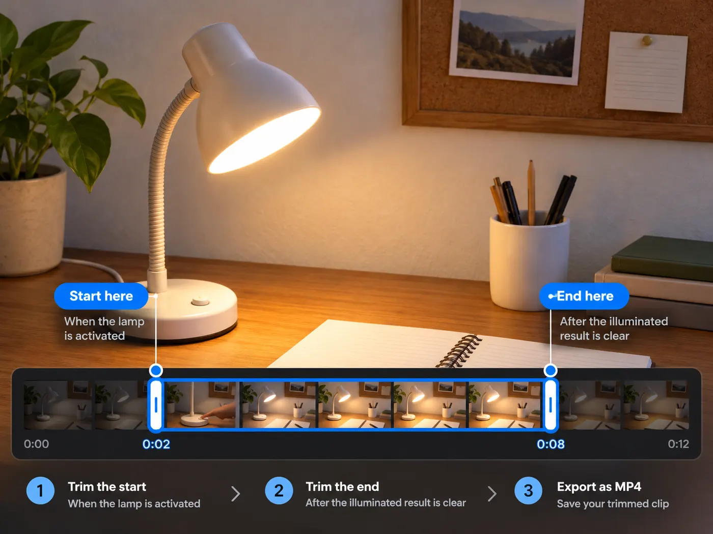 A clean product-demo frame showing the lamp illuminated beside the notebook, suitable as a concise video preview.
