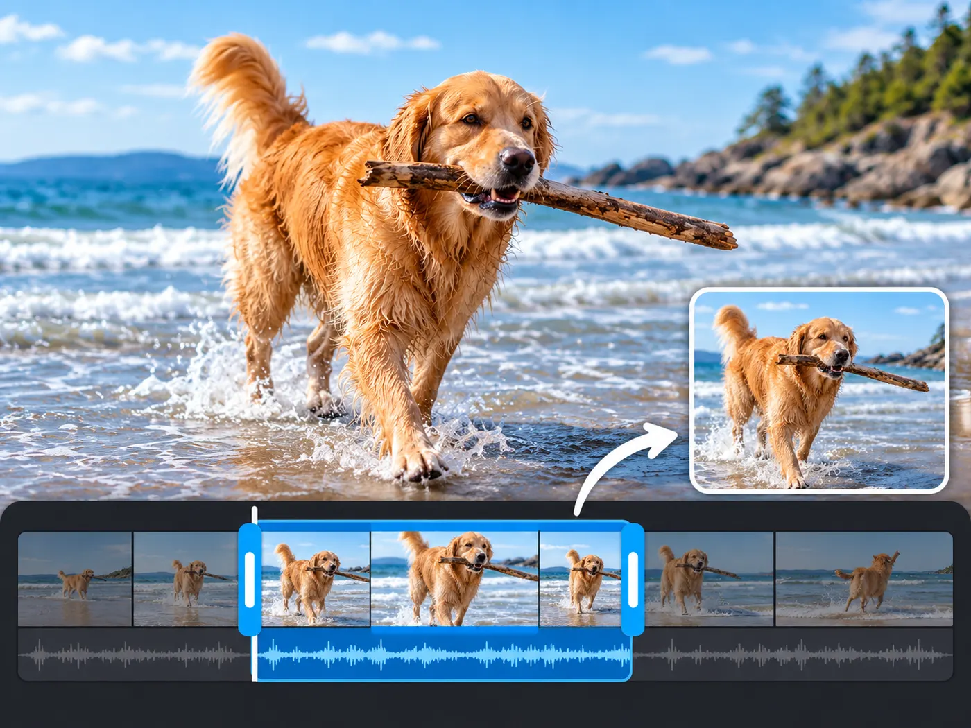 A polished poster frame of the golden retriever carrying a stick on the shallow beach, composed as the opening frame of a concise trimmed clip.