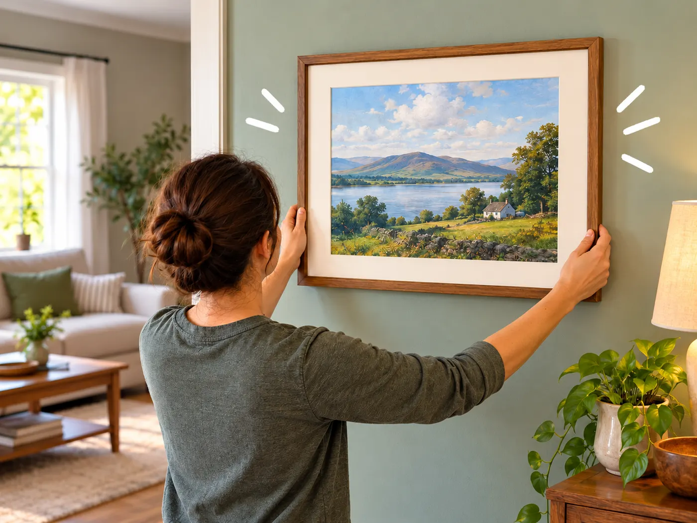The framed picture being hung on the freshly painted wall, presented as a concise finished clip.