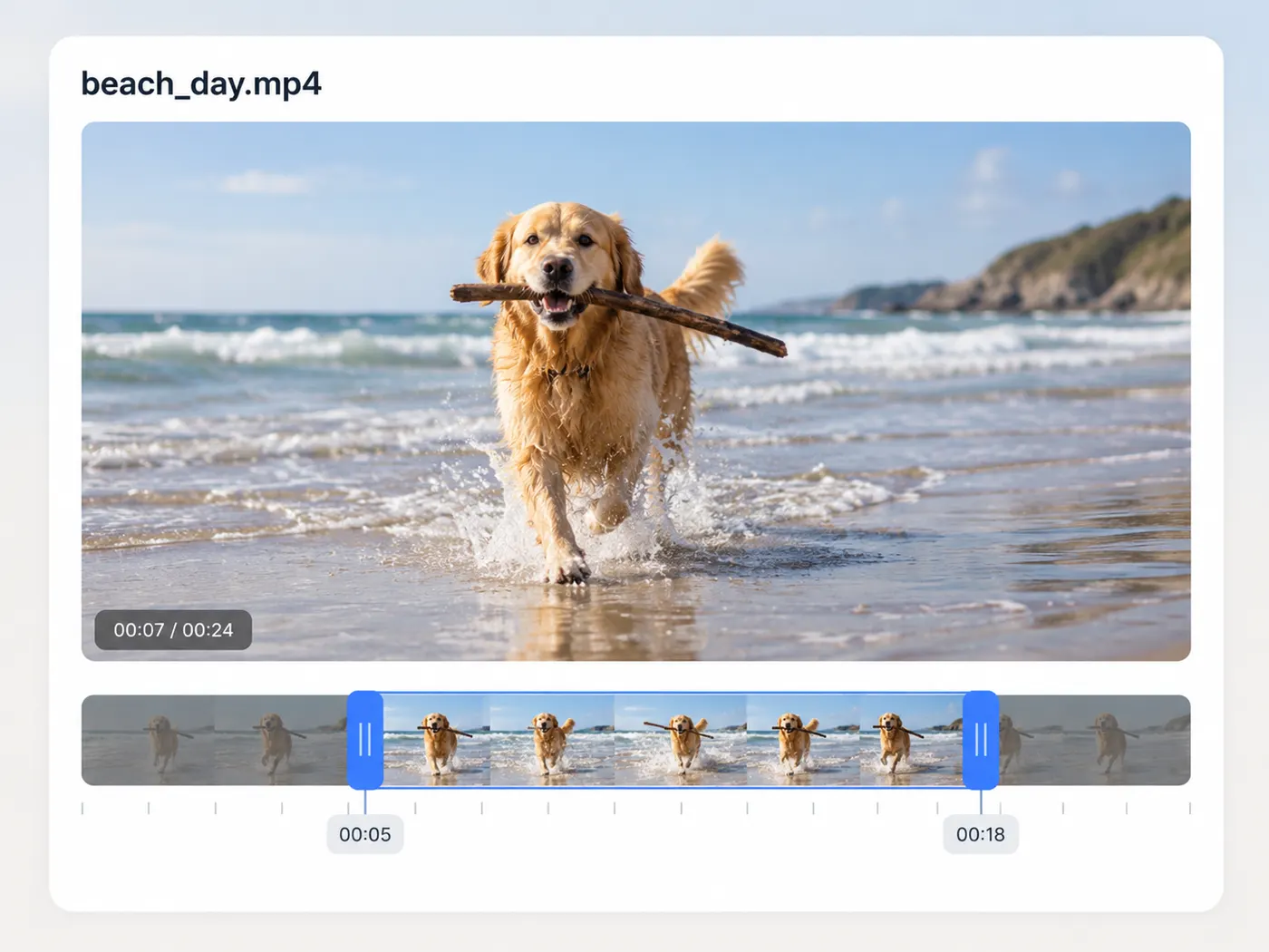 A standalone range-selection card for beach_day.mp4 showing the beach scene, the golden retriever, and clearly marked start and end points for the portion to keep.