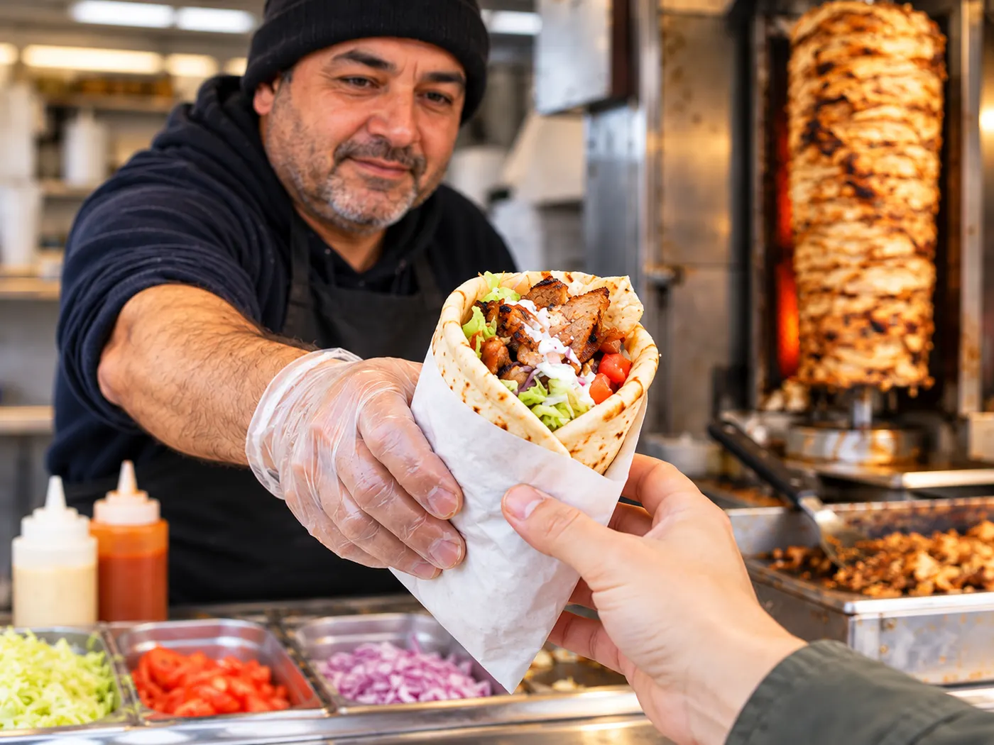The finished wrap being handed across the counter, shown as a concise quick-cut result.