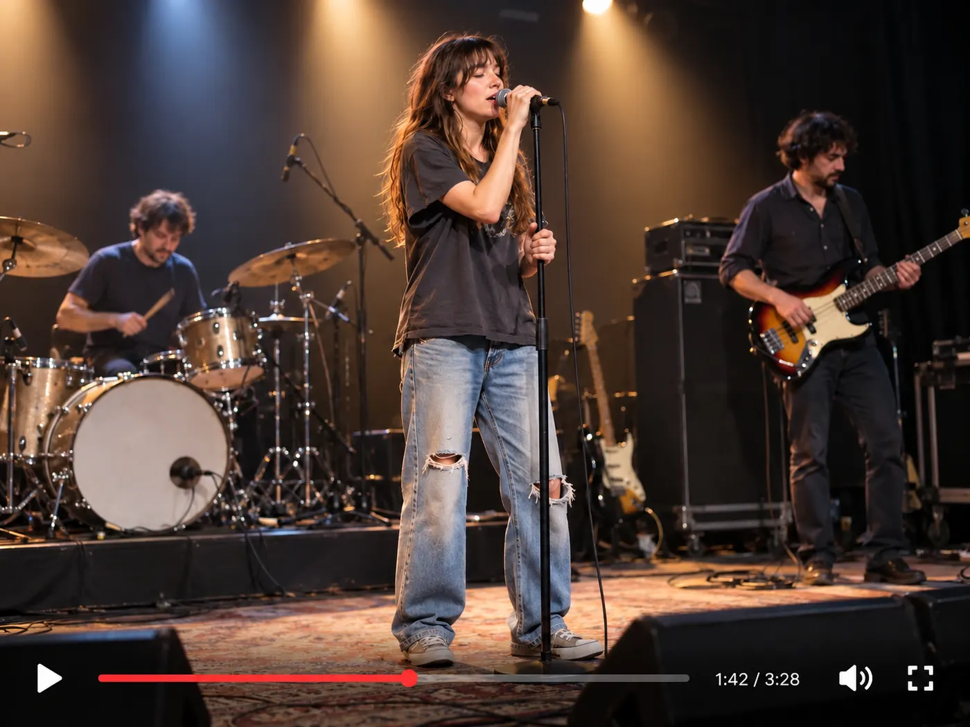 A short concert moment showing the performer under stage lights, represented as a clip ready for the next browser tool.