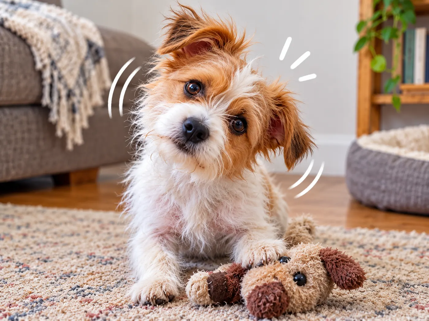 The dog’s head tilt beside the toy, presented as a compact repeatable moment.
