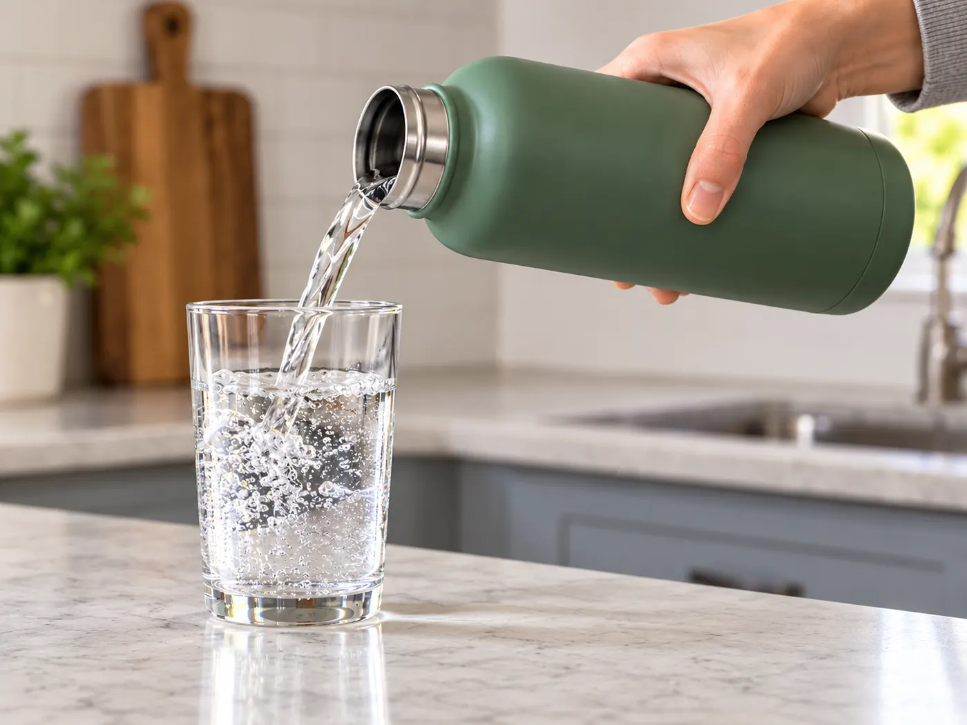 The bottle pouring water into the glass, presented as a concise demonstration result.