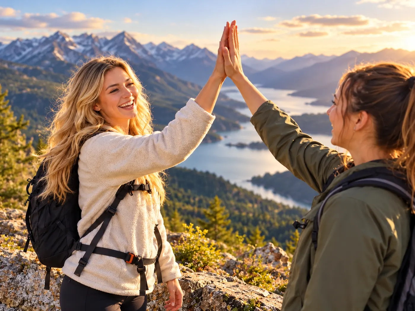 The two friends high-fiving at the mountain overlook, presented as a memorable shareable moment.