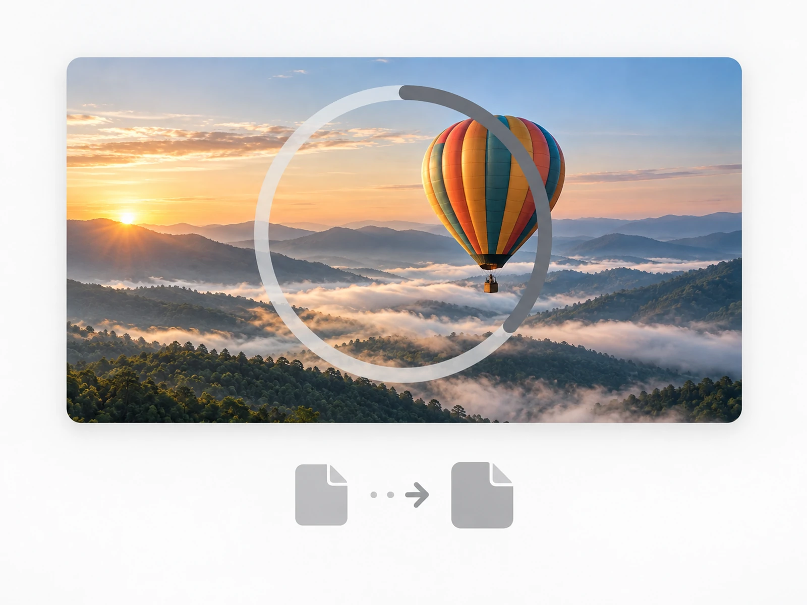 The same balloon video clip re-encoding in the browser, a circular progress ring sweeping around it and one file shape morphing into another