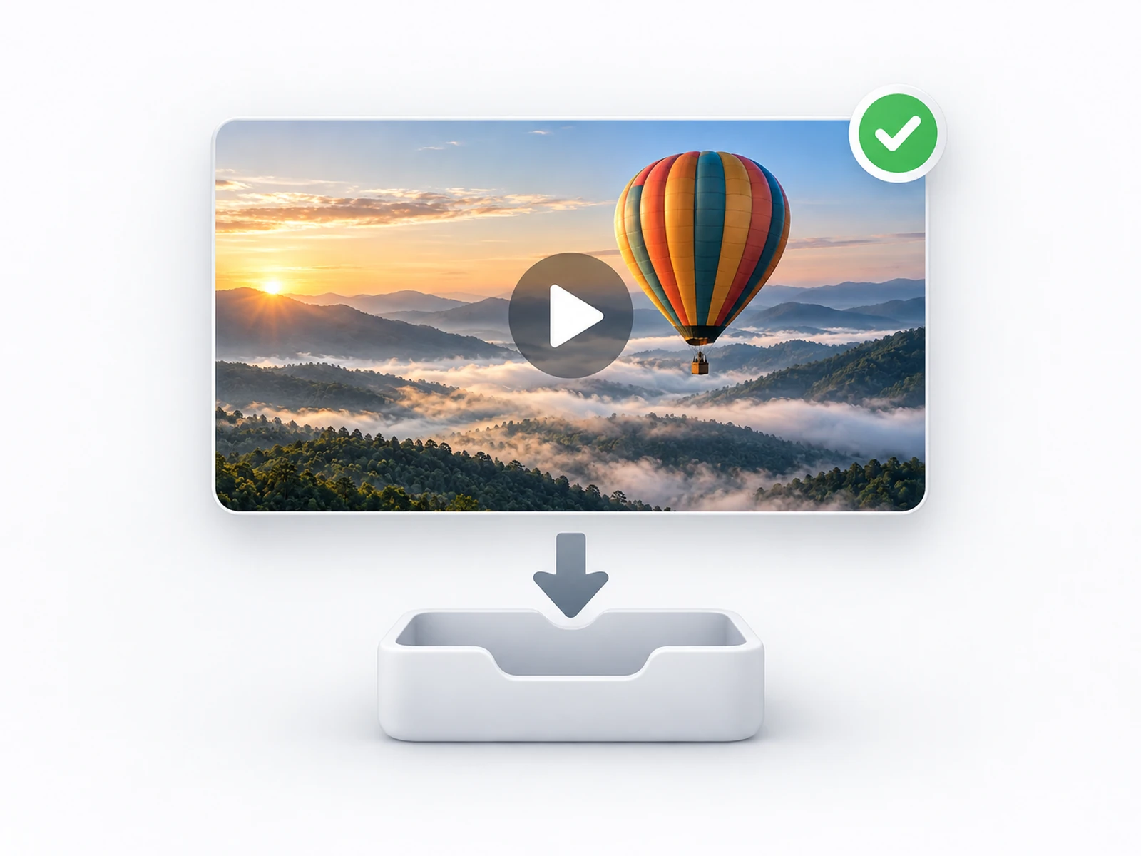 The finished balloon clip as an MP4 tile with a play triangle and a green check, a download arrow carrying it into a tray