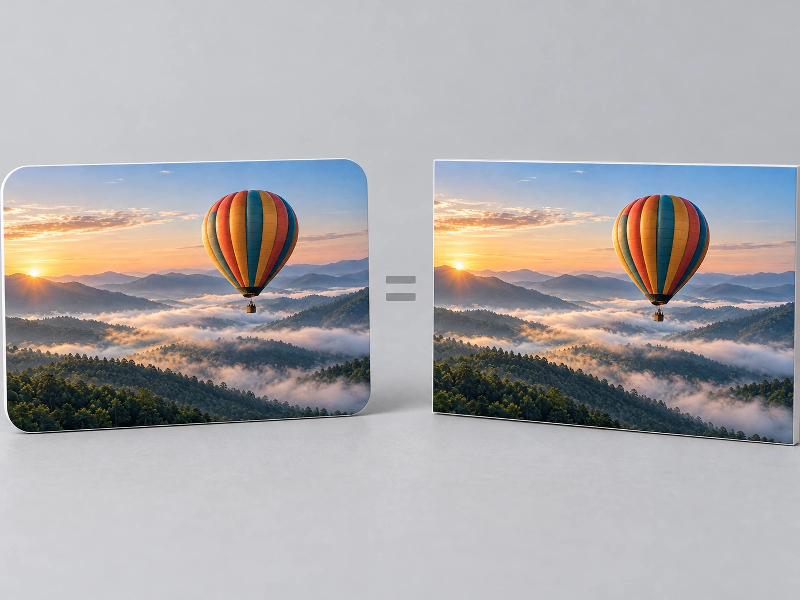 Two video-file cards side by side showing the identical balloon frame, one with rounded and one with squared corners, an equals sign between them