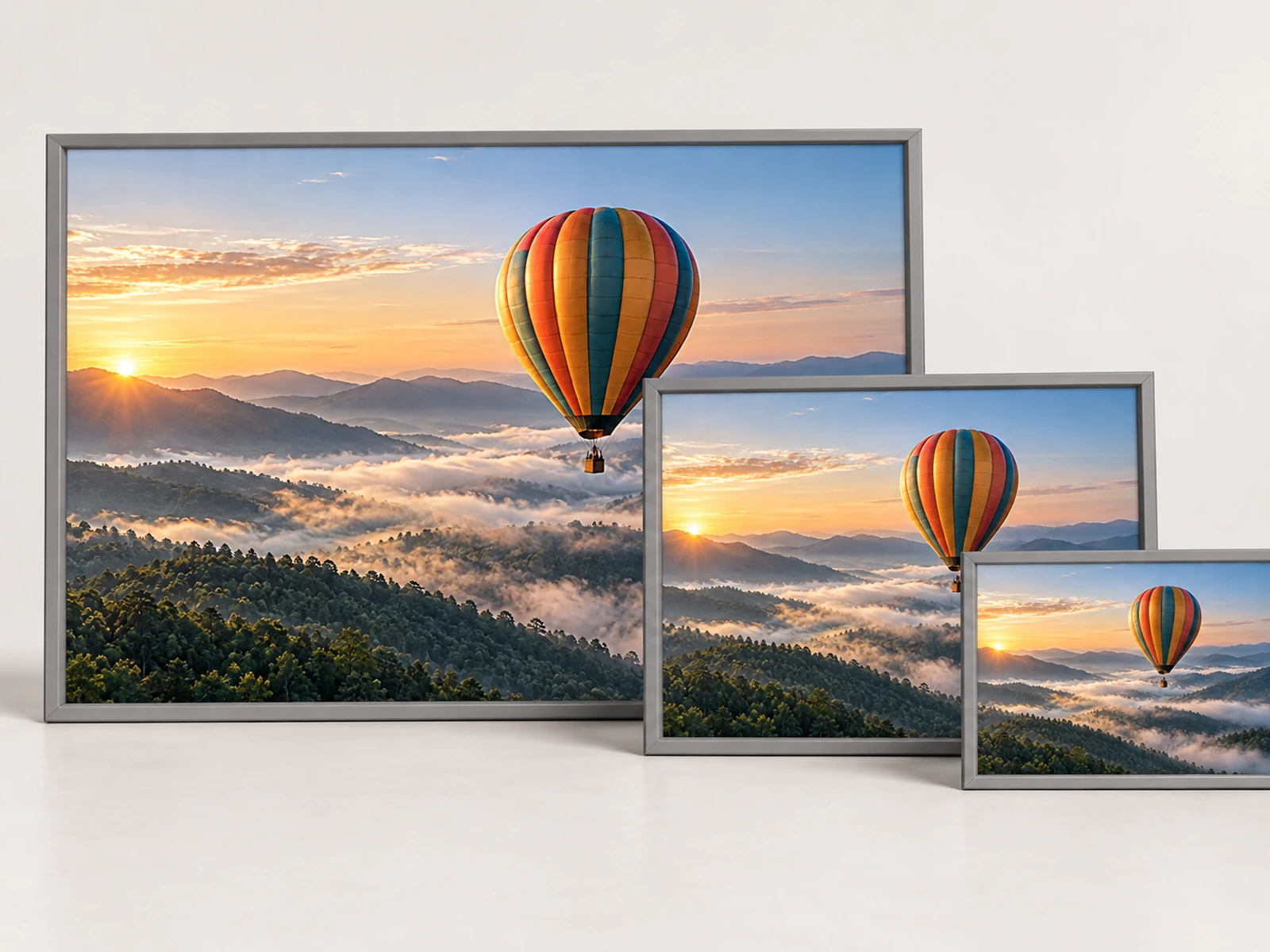 Three nested framed previews of the same balloon frame arranged from large to small, like a resolution ladder