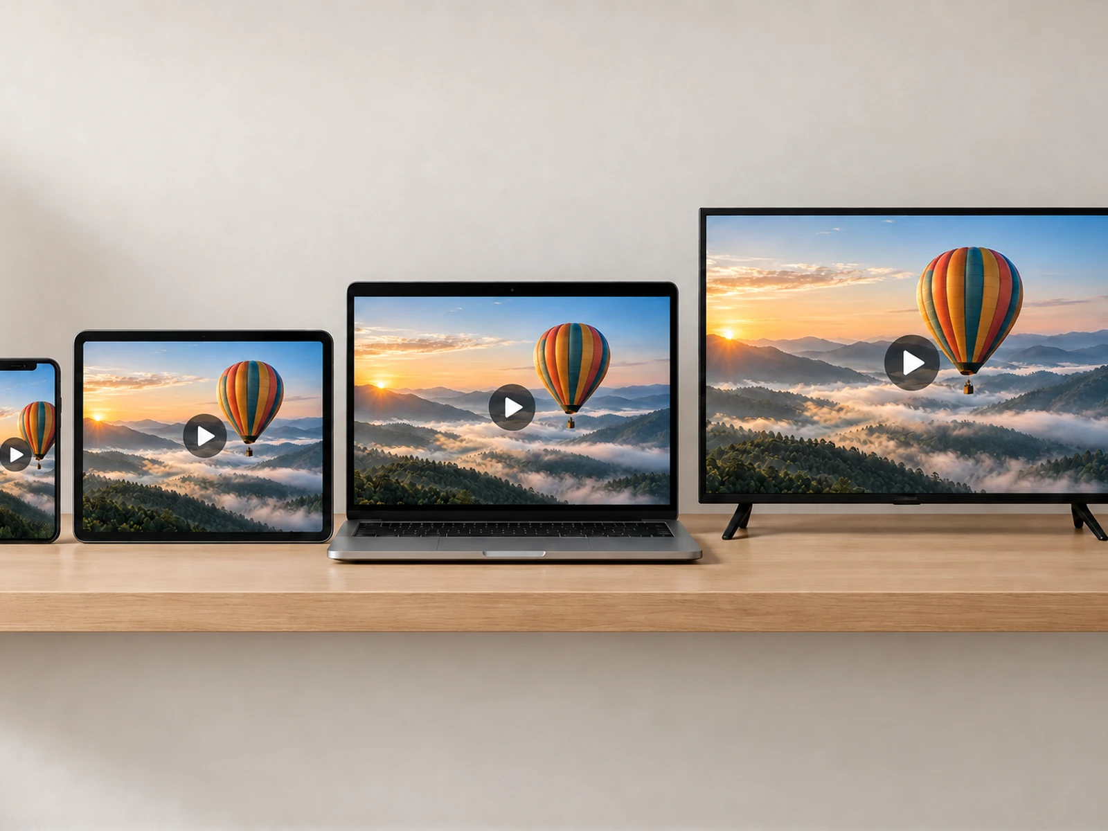 A phone, tablet, laptop and TV in a row on a shelf, all playing the same balloon video frame with a central play glyph