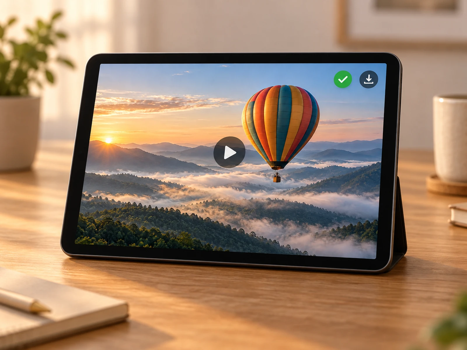 A tablet on a warm desk showing the finished balloon MP4 with a play triangle, a green check and a download arrow